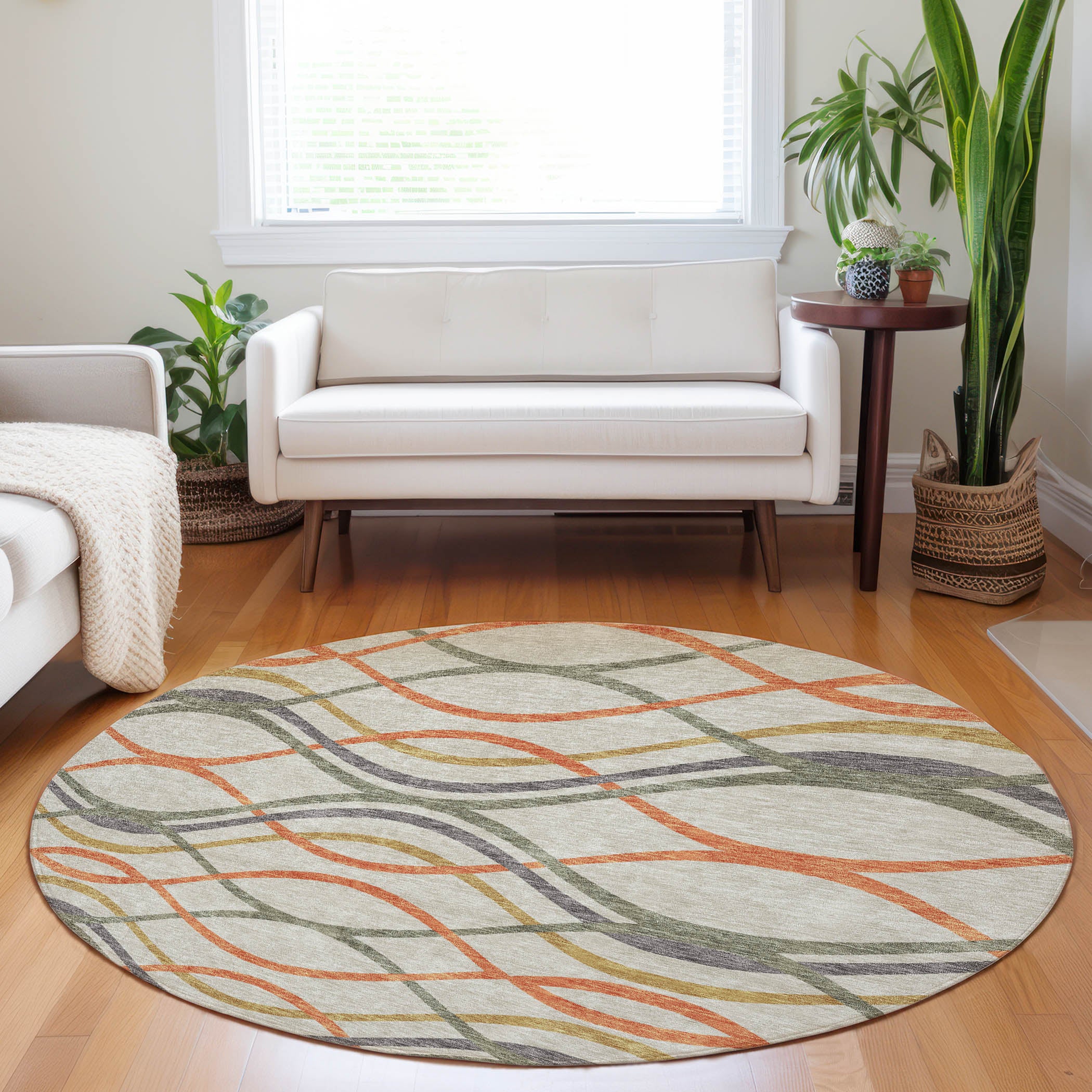 Dublin Machine Washable Transitional Orange Rug 8' x 8' #shape_Round