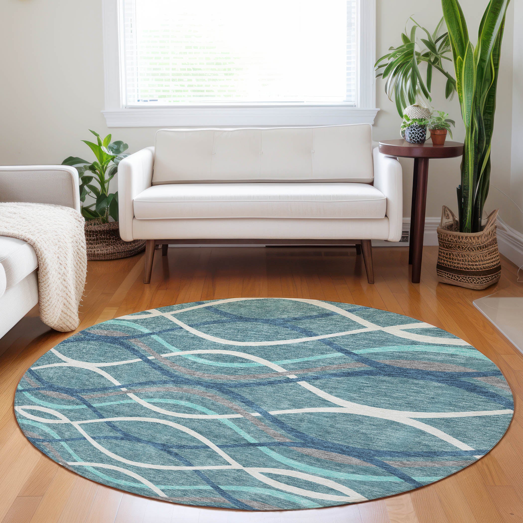 Dublin Machine Washable Transitional Teal Rug 8' x 8' #shape_Round