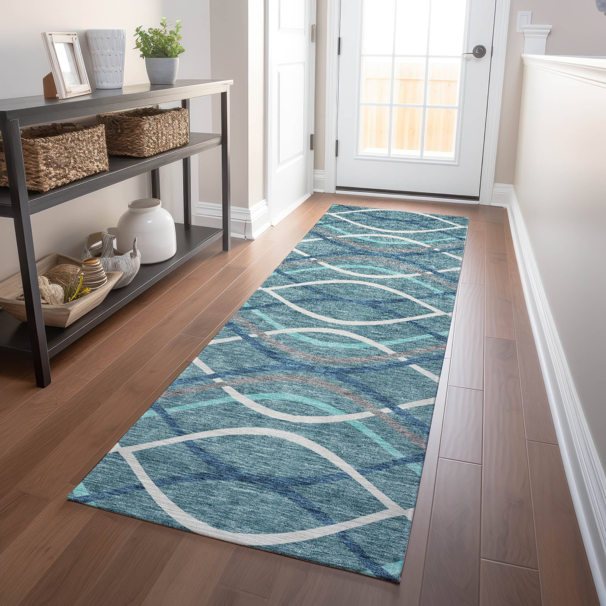 Dublin Machine Washable Transitional Teal Rug 2'3" x 7'6" #shape_Runner