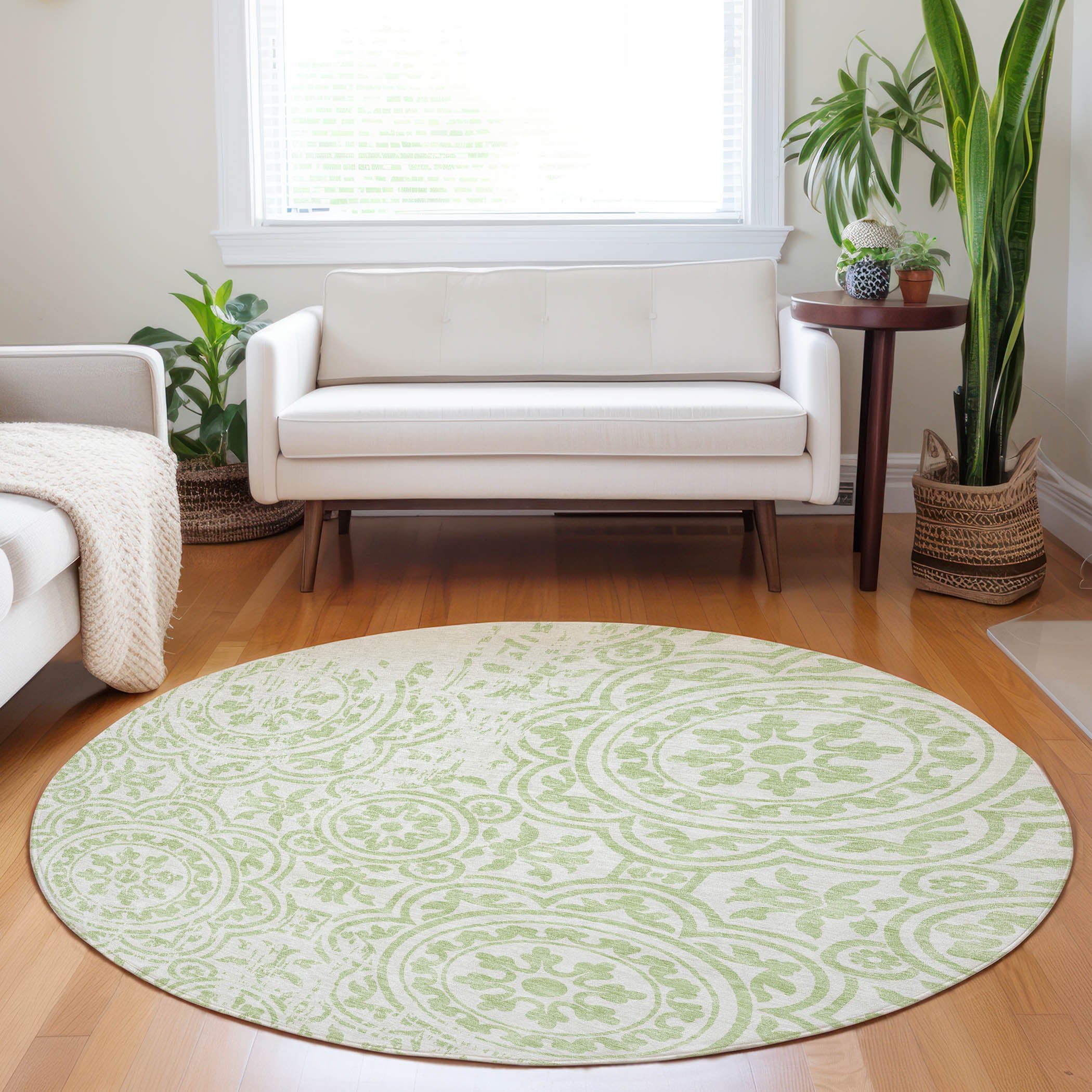 Kathmandu Machine Washable Transitional Aloe Green Rug 8' x 8' #shape_Round