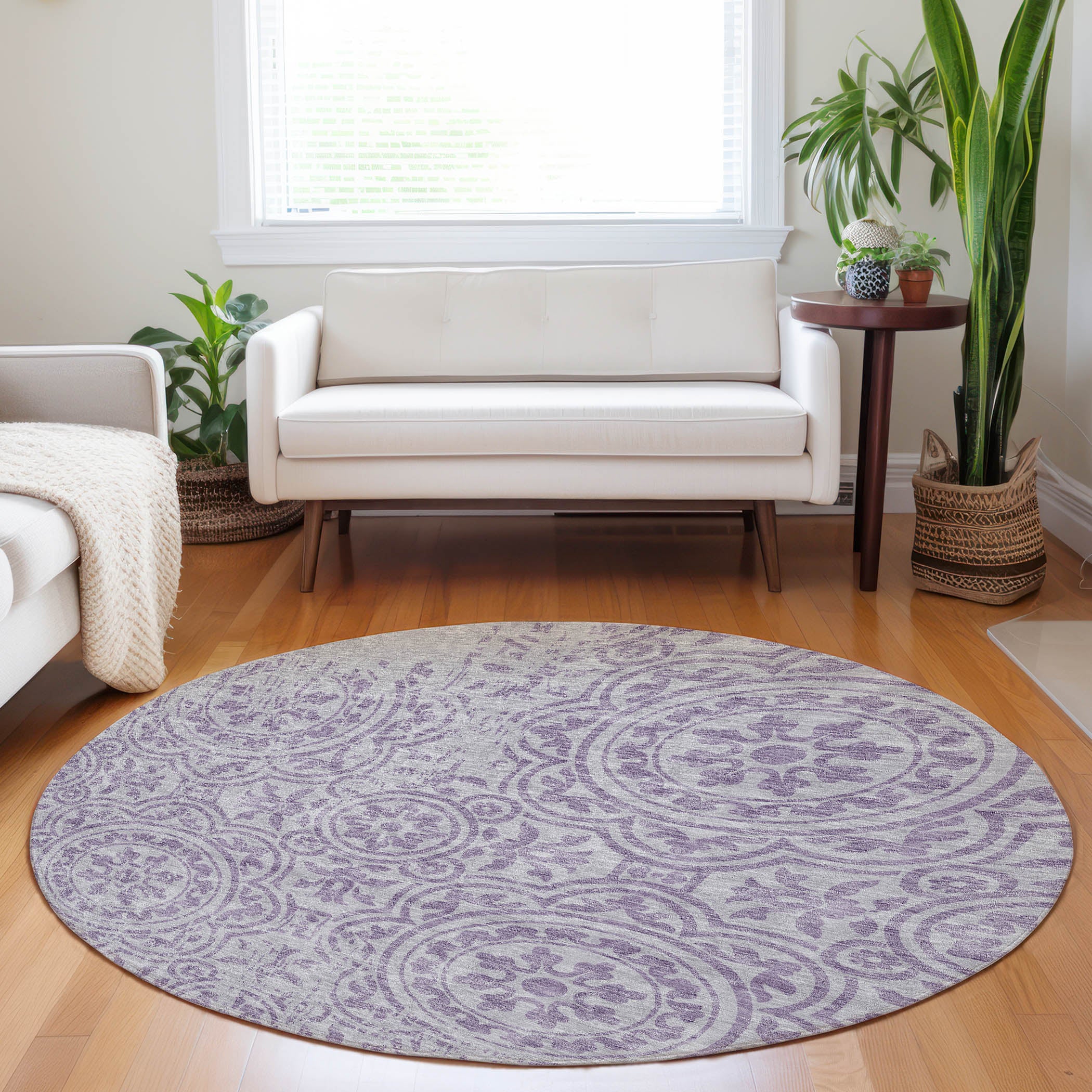 Kathmandu Machine Washable Transitional Lavender Purple Rug 8' x 8' #shape_Round