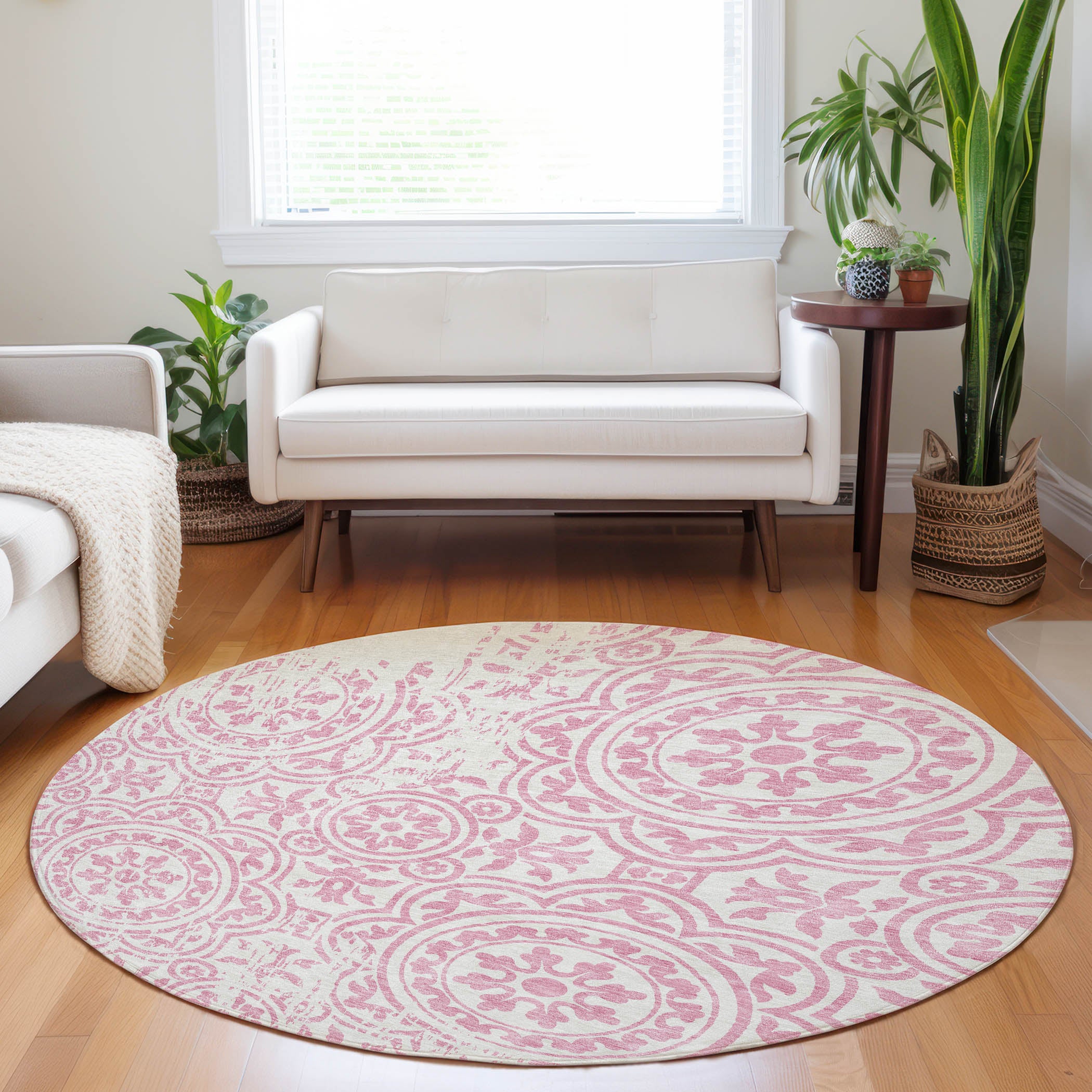 Kathmandu Machine Washable Transitional Pink Rug 8' x 8' #shape_Round