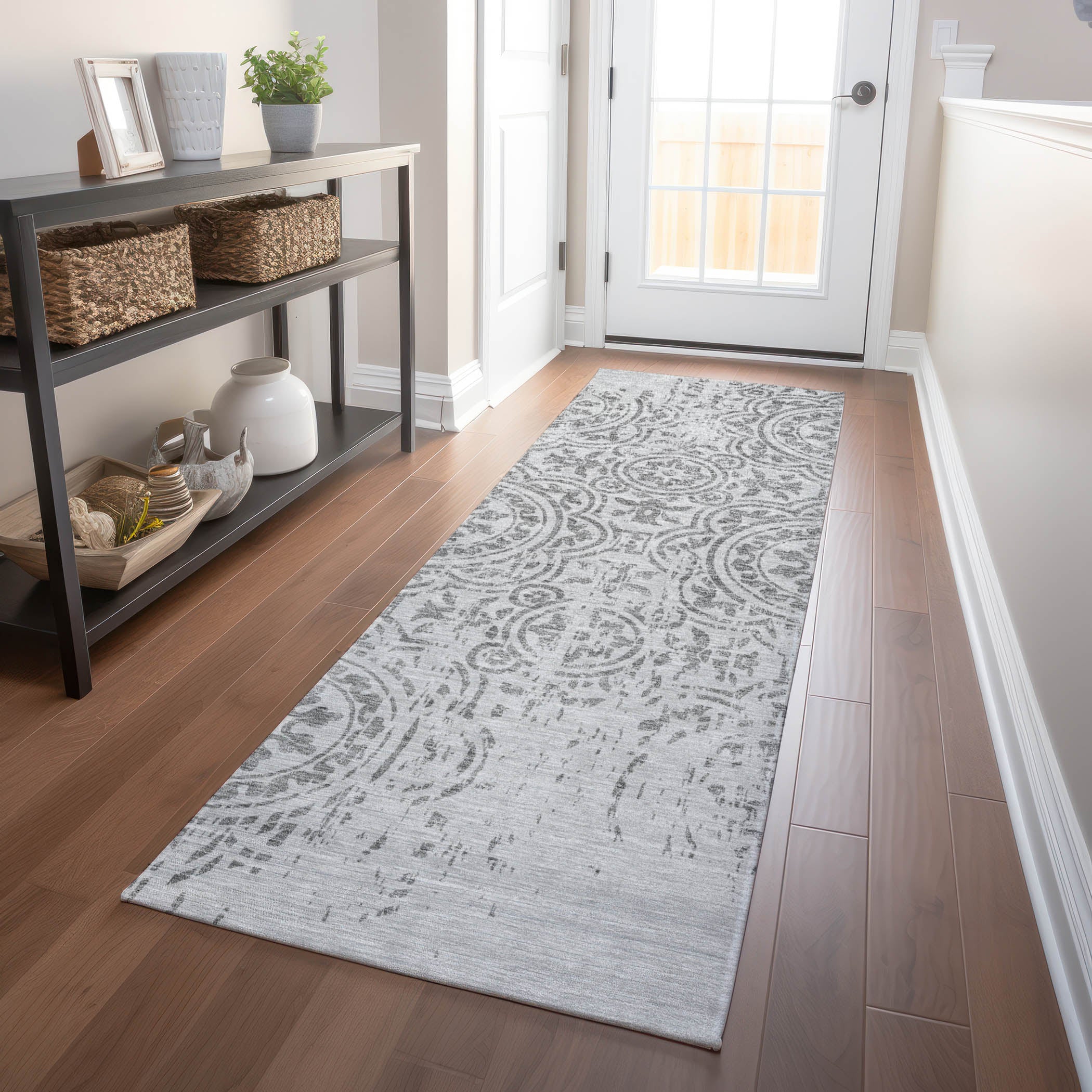 Kathmandu Machine Washable Transitional Silver Gray Rug 2'3" x 7'6" #shape_Runner