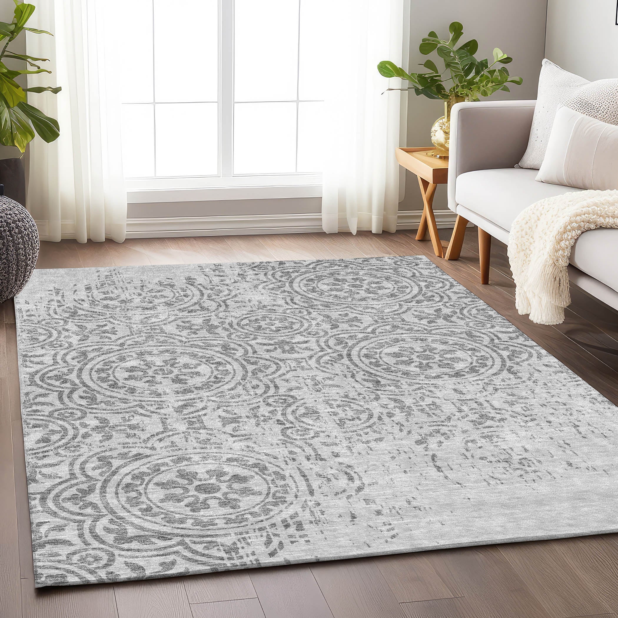 Kathmandu Machine Washable Transitional Silver Gray Rug 2'6" x 3'10" #shape_Rectangle