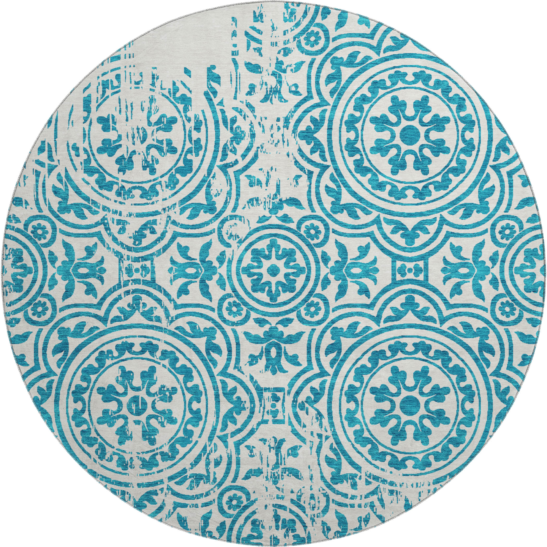 Kathmandu Machine Washable Transitional Teal Rug 8' x 8' #shape_Round