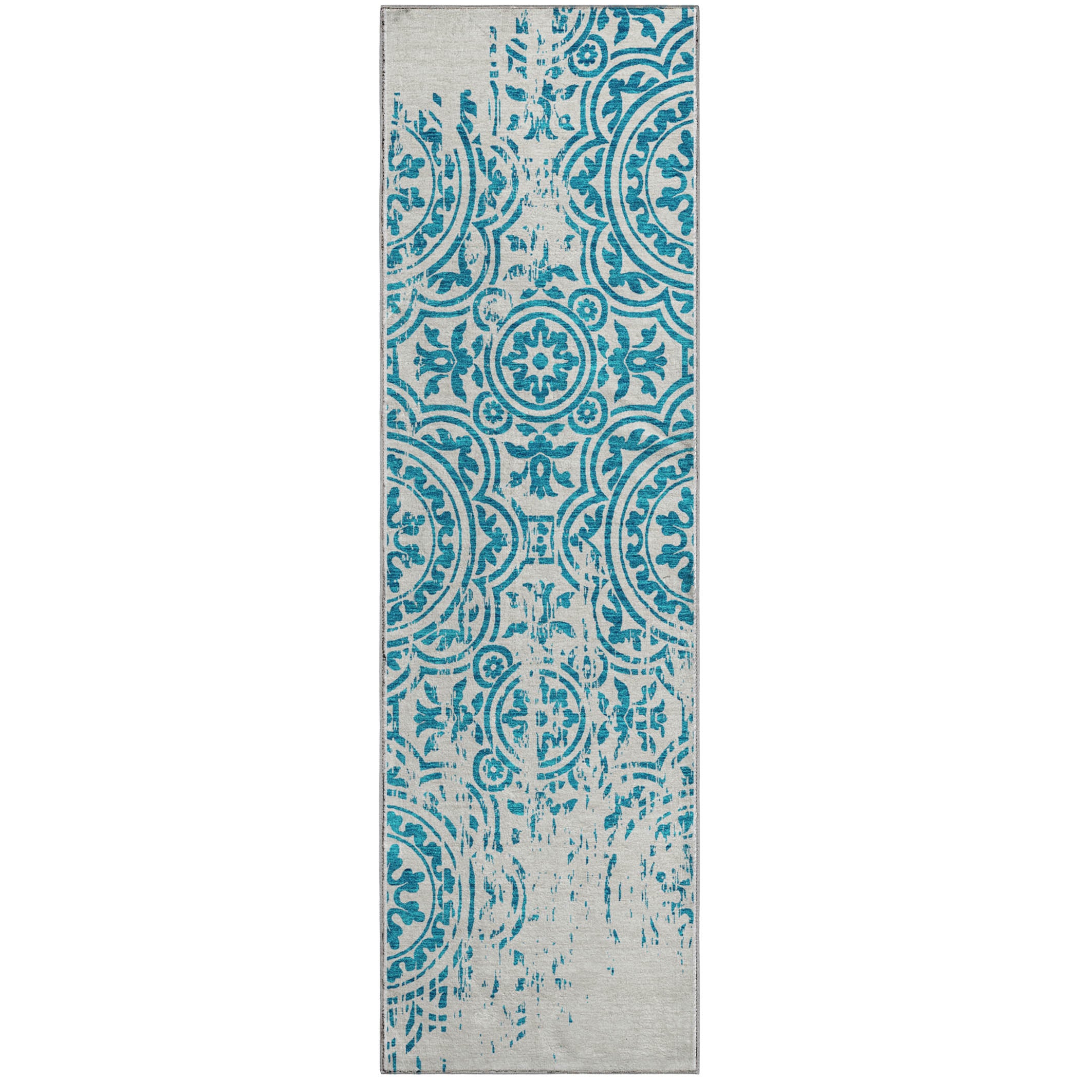 Kathmandu Machine Washable Transitional Teal Rug 2'3" x 7'6" #shape_Runner