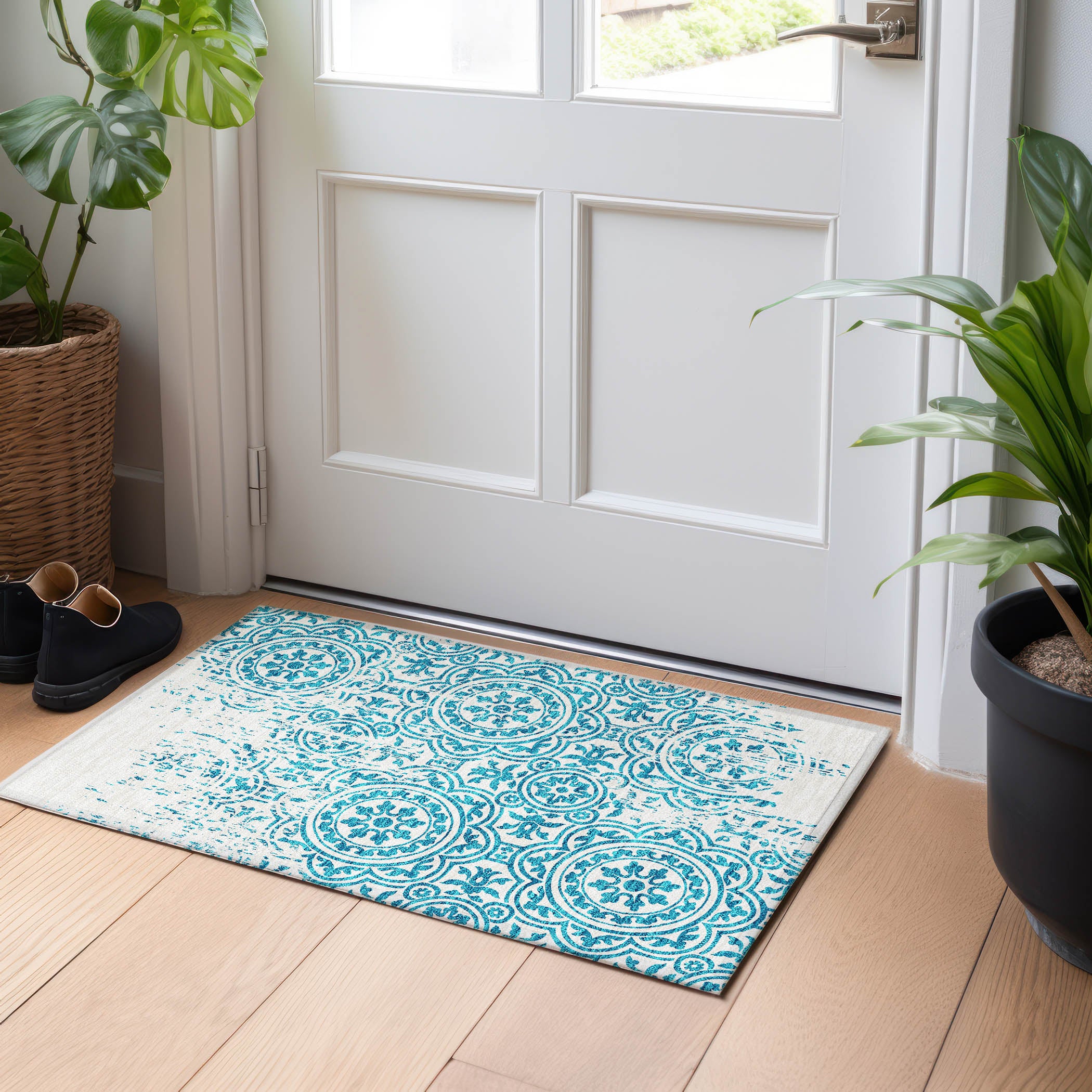 Kathmandu Machine Washable Transitional Teal Rug 1'8" x 2'6" #shape_Rectangle