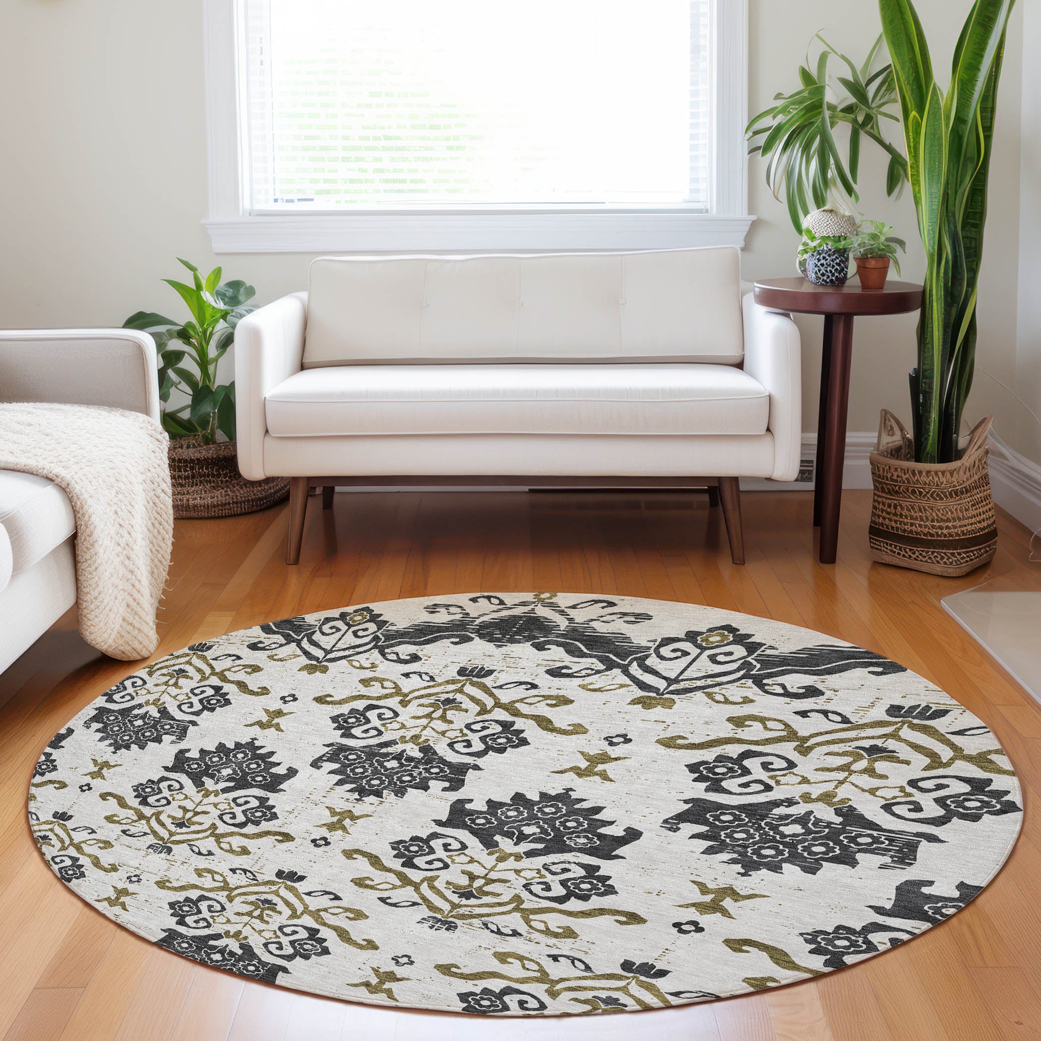 Sarajevo Machine Washable Transitional Black Rug 8' x 8' #shape_Round