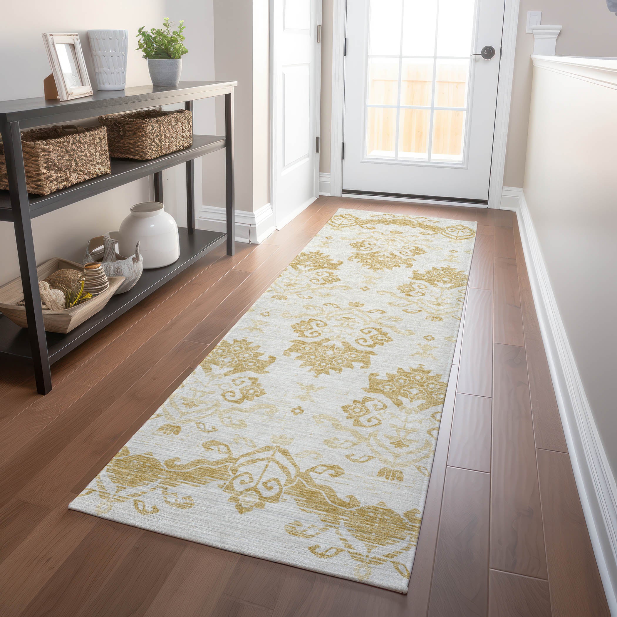 Sarajevo Machine Washable Transitional Gold Rug 2'3" x 7'6" #shape_Runner