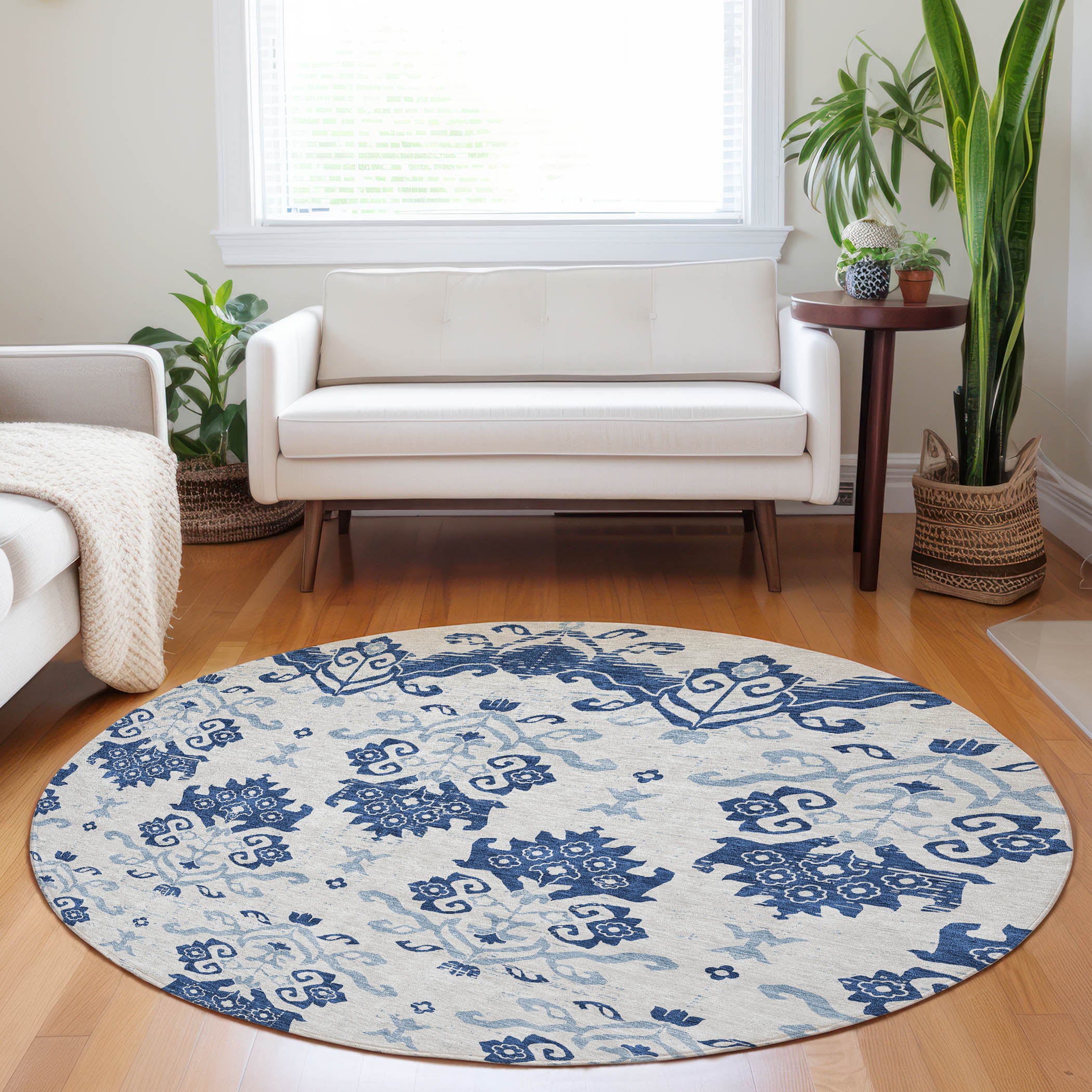 Sarajevo Machine Washable Transitional Navy Blue Rug 8' x 8' #shape_Round
