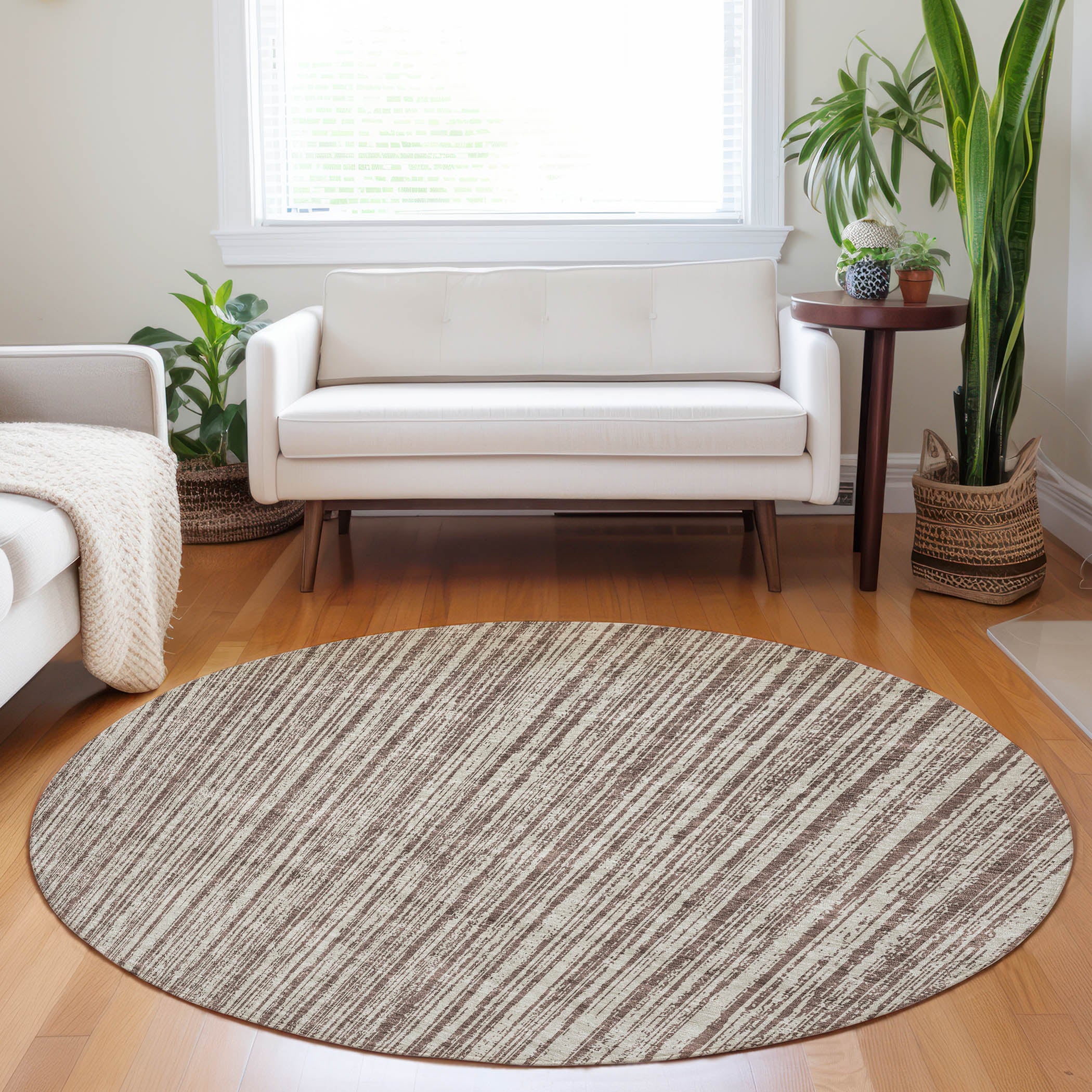 Athens Machine Washable Transitional Brown Rug 8' x 8' #shape_Round