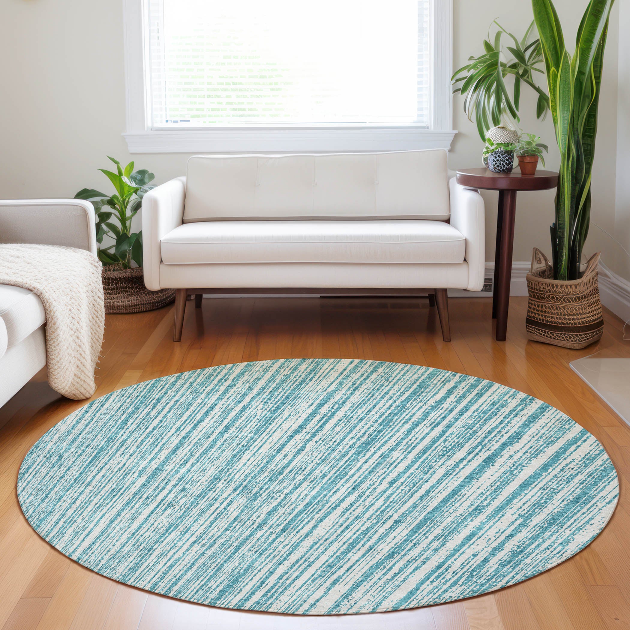 Athens Machine Washable Transitional Teal Rug 8' x 8' #shape_Round