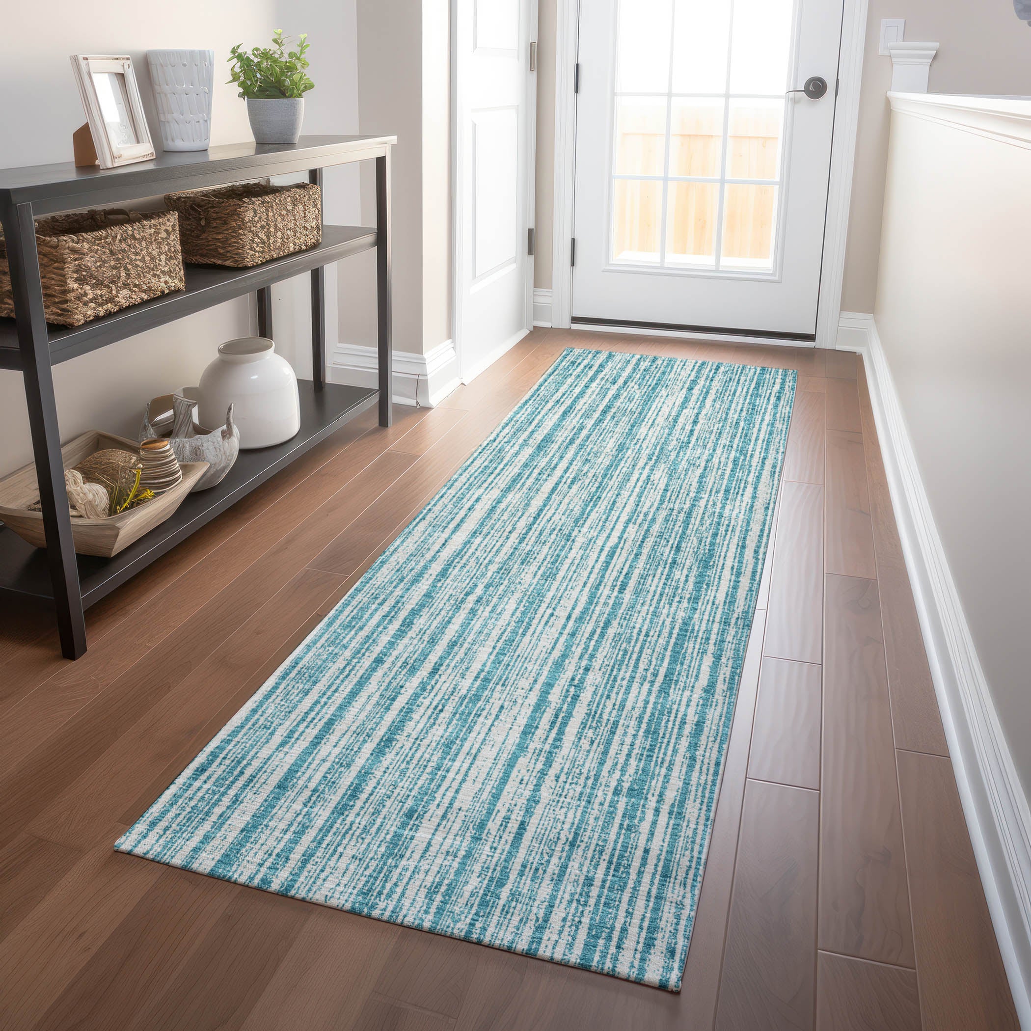 Athens Machine Washable Transitional Teal Rug 2'3" x 7'6" #shape_Runner