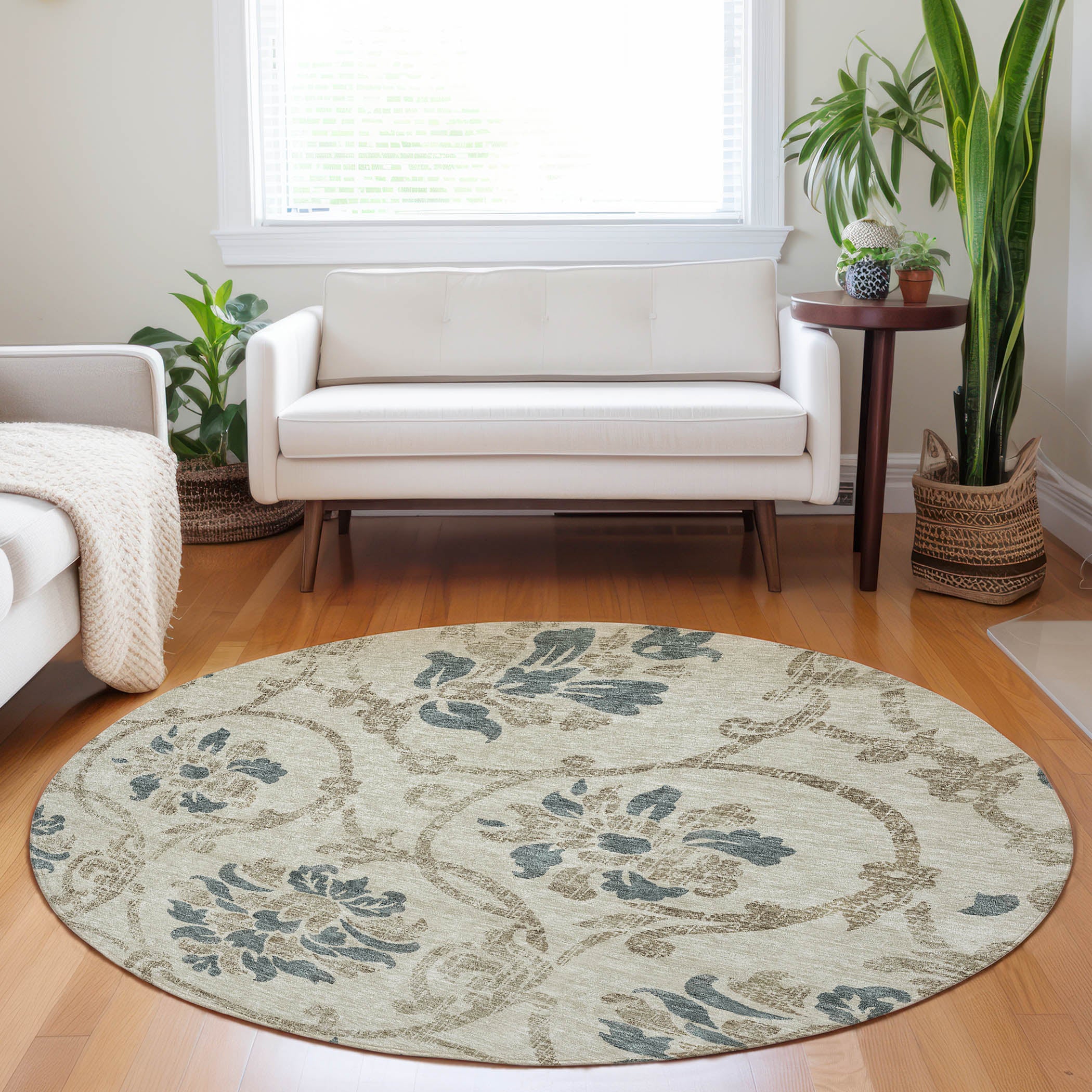 Kathmandu Machine Washable Traditional Beige Brown Rug 8' x 8' #shape_Round