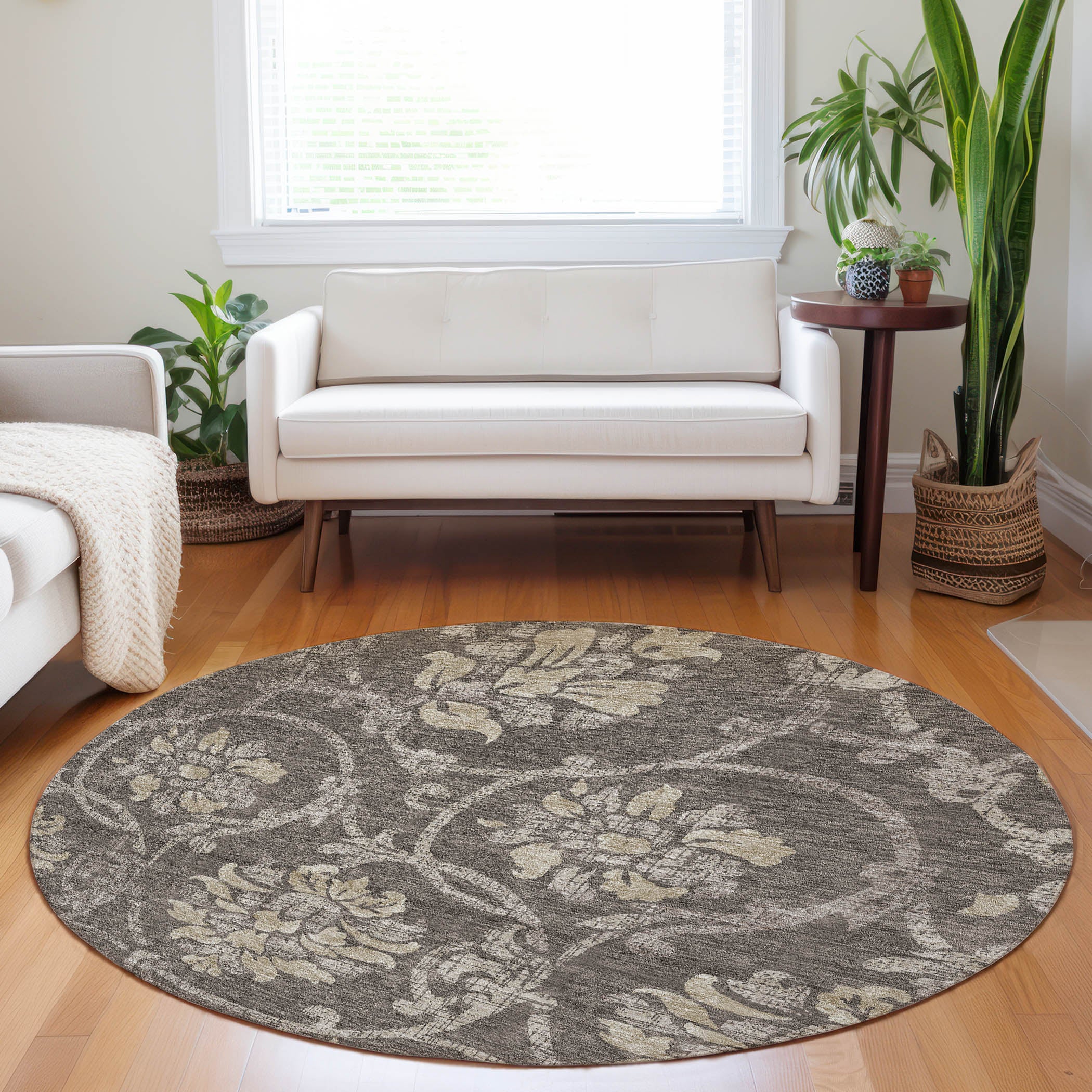 Kathmandu Machine Washable Traditional Brown Rug 8' x 8' #shape_Round