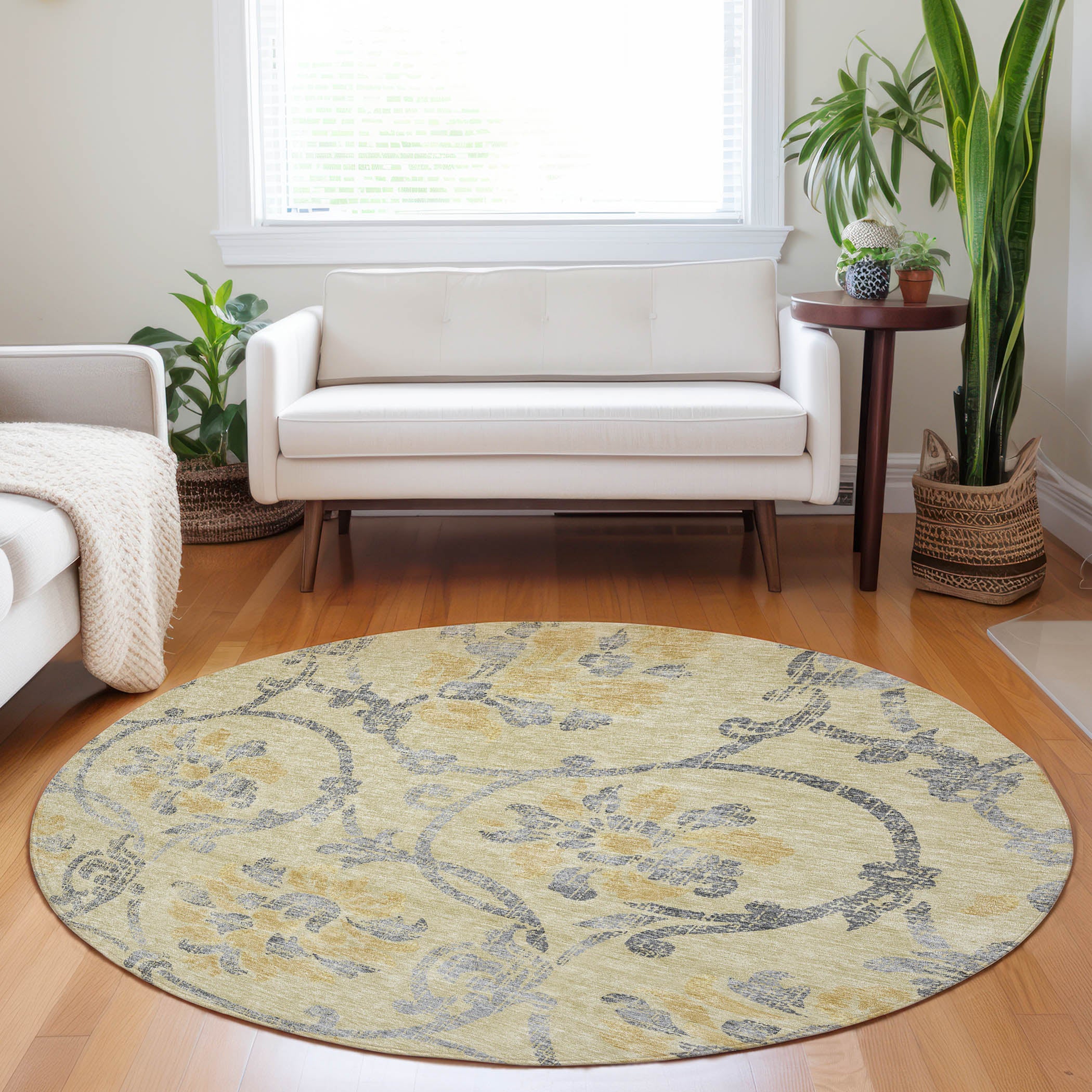 Kathmandu Machine Washable Traditional Gold Rug 8' x 8' #shape_Round