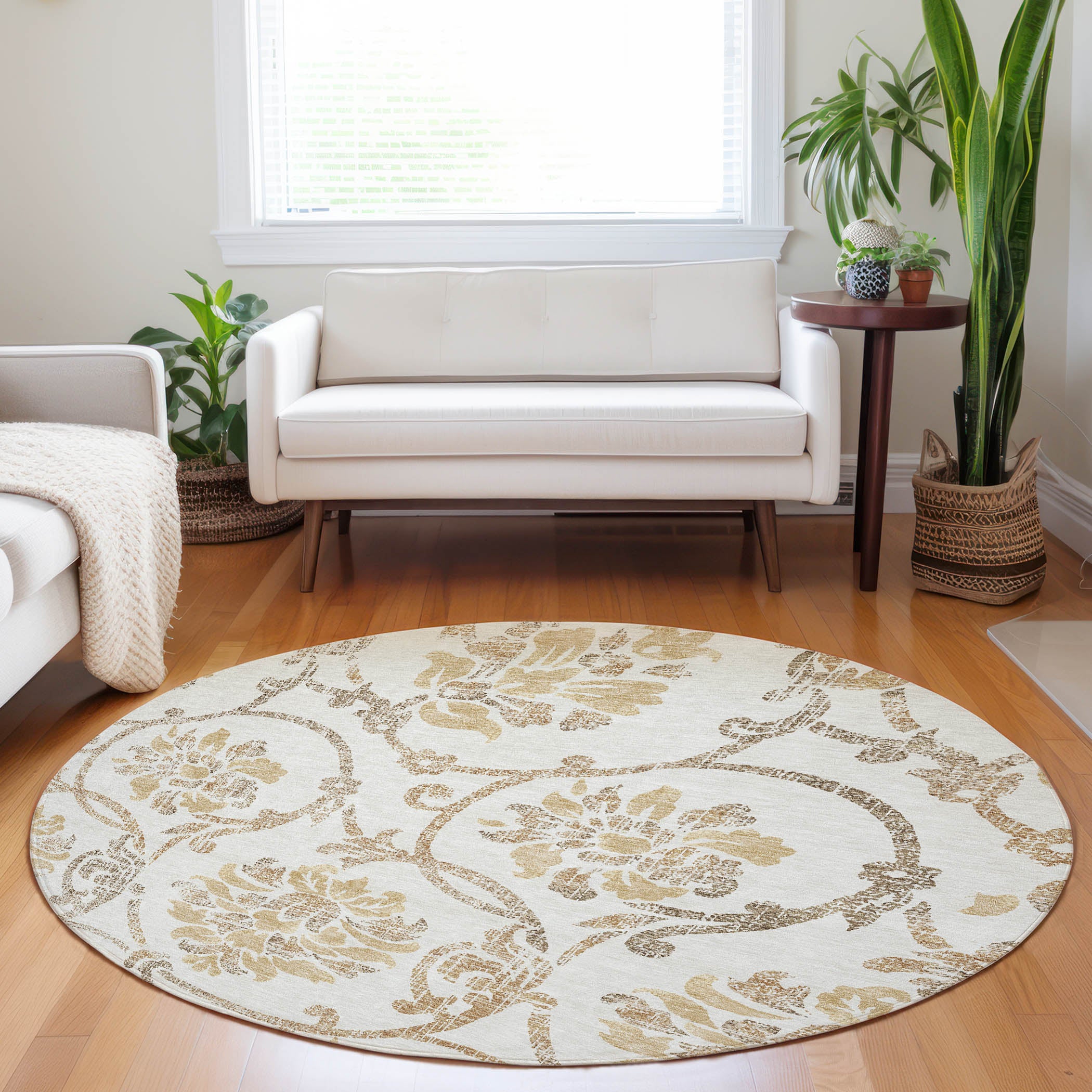 Kathmandu Machine Washable Traditional Ivory Rug 8' x 8' #shape_Round