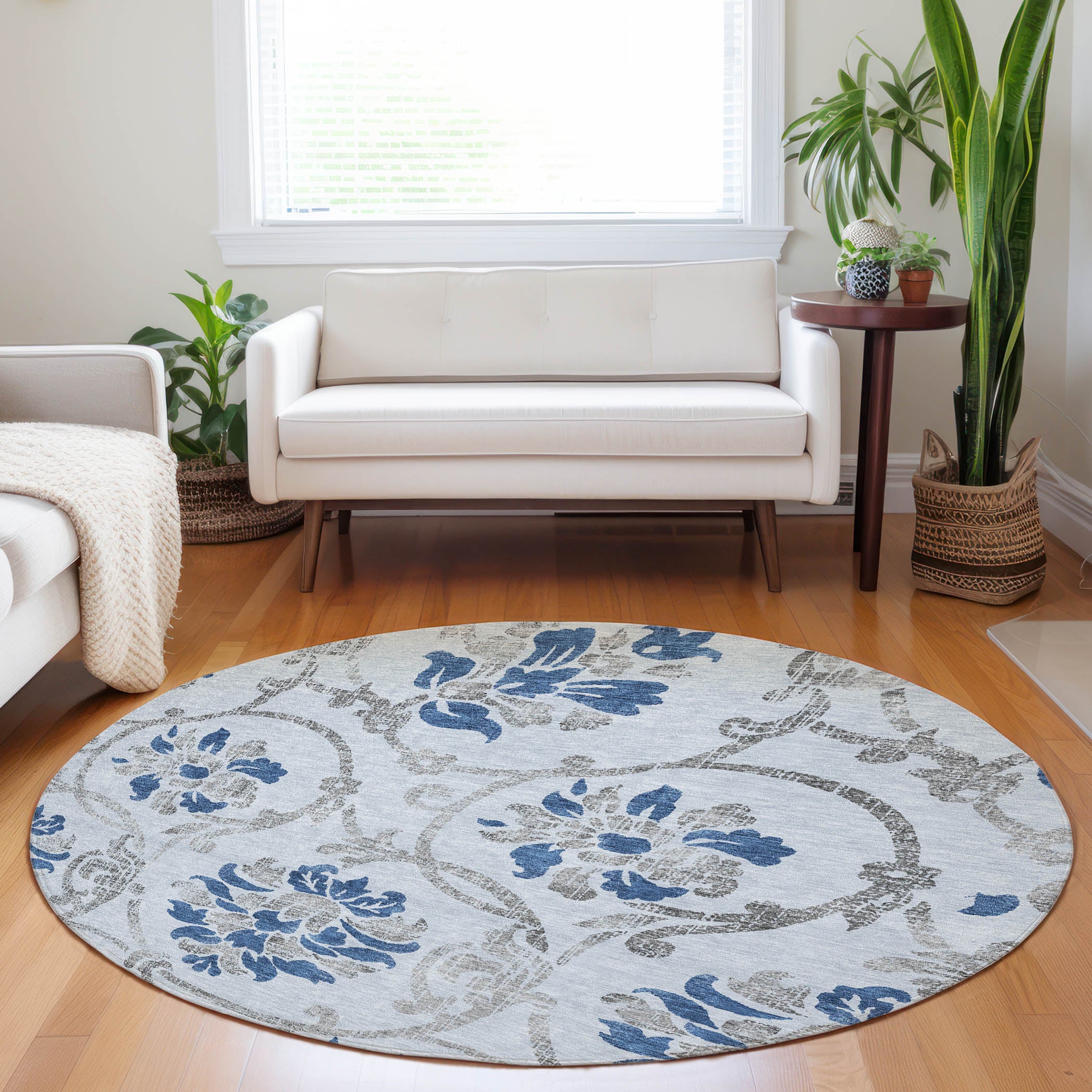 Kathmandu Machine Washable Traditional Sky Blue Rug 8' x 8' #shape_Round