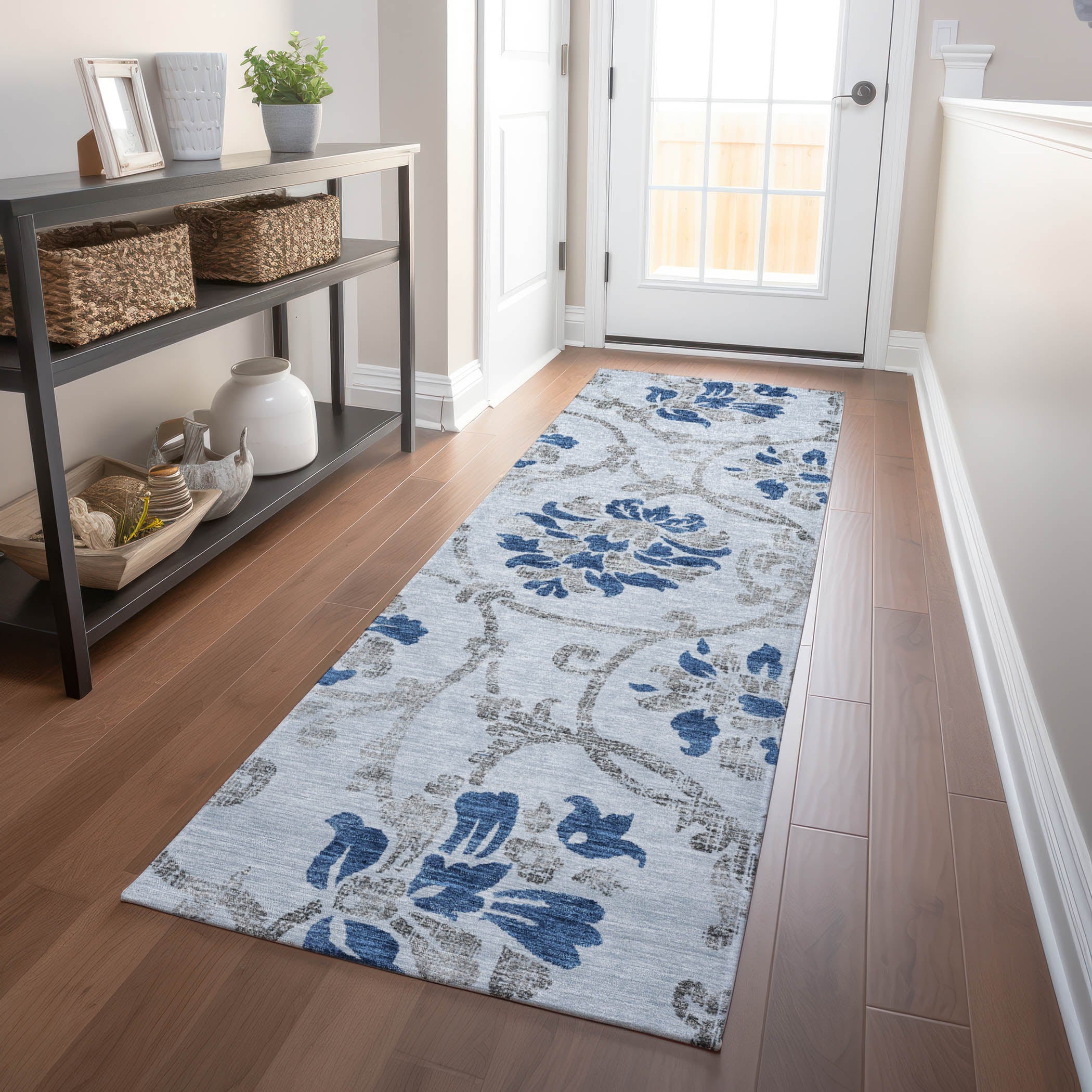 Kathmandu Machine Washable Traditional Sky Blue Rug 2'3" x 7'6" #shape_Runner