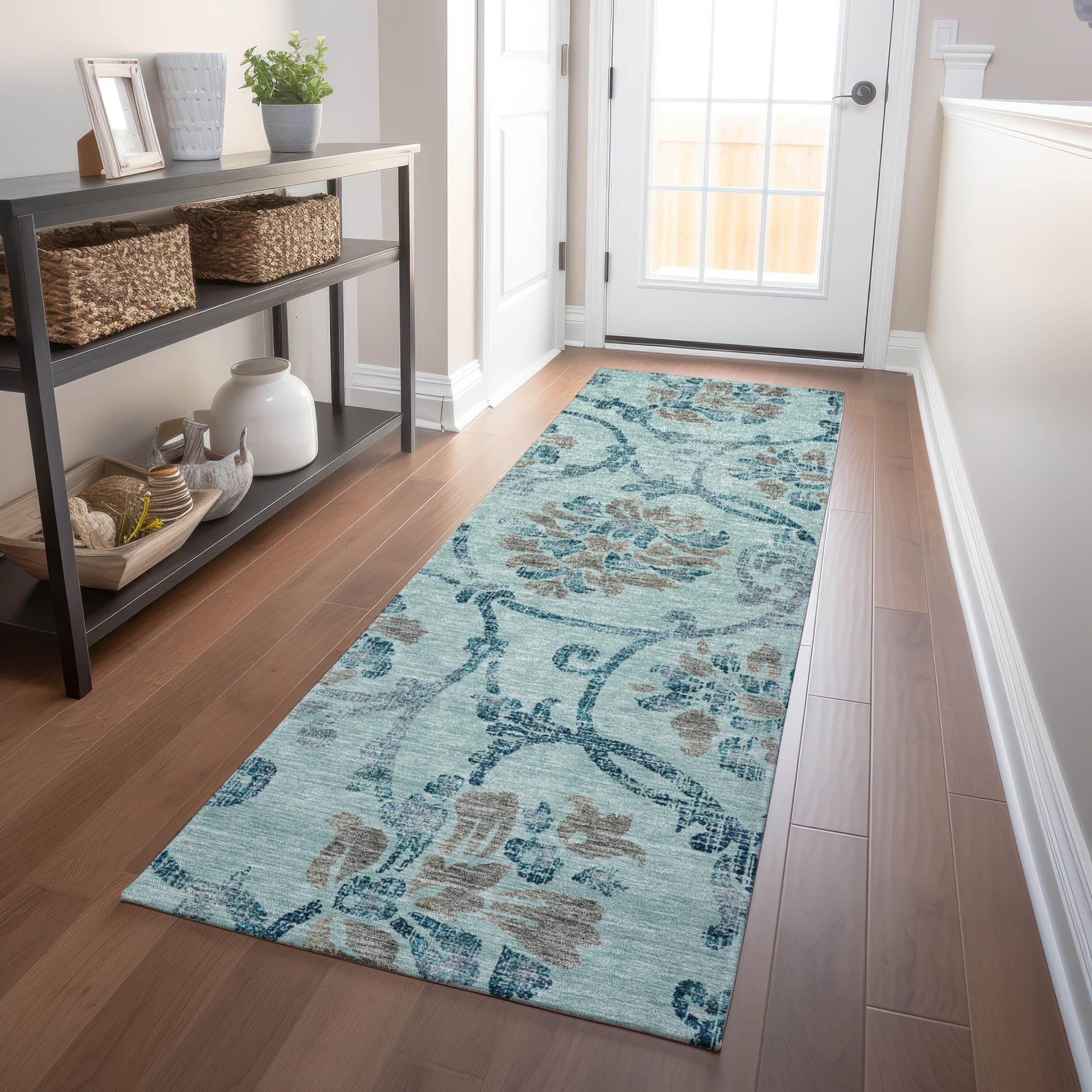 Kathmandu Machine Washable Traditional Teal Rug 2'3" x 7'6" #shape_Runner