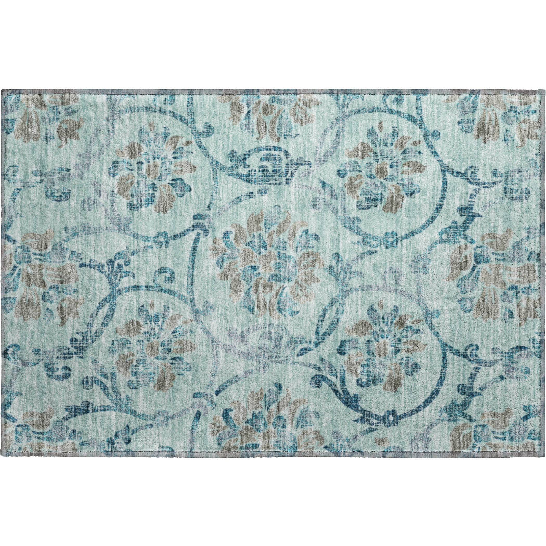 Kathmandu Machine Washable Traditional Teal Rug 1'8" x 2'6" #shape_Rectangle