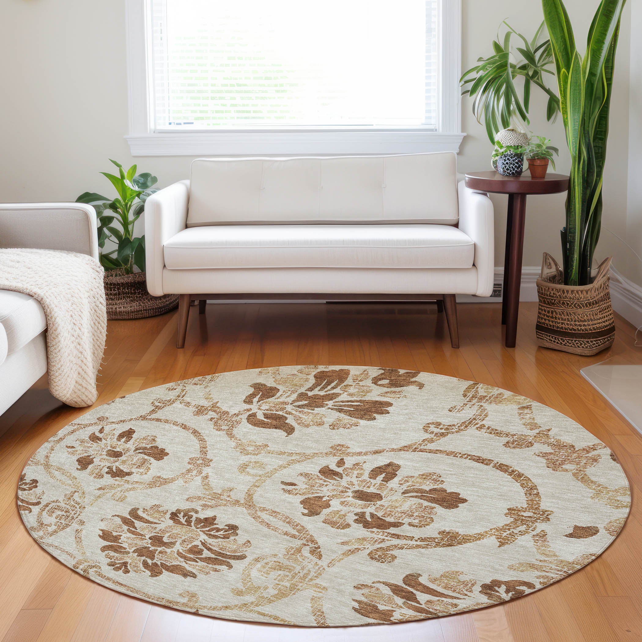 Kathmandu Machine Washable Traditional Terracotta Orange Rug 8' x 8' #shape_Round