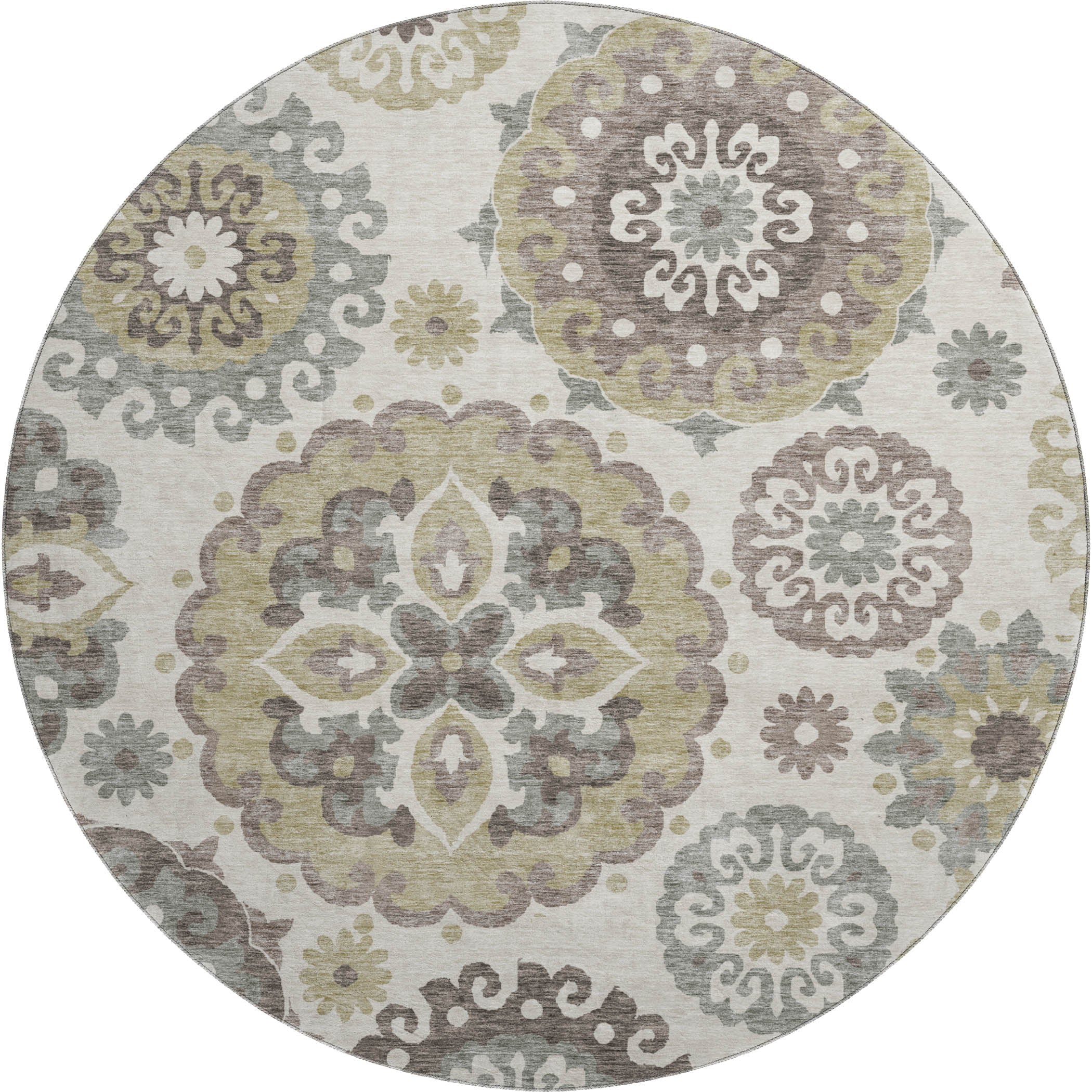 Mdina Machine Washable Transitional Beige Brown Rug 8' x 8' #shape_Round