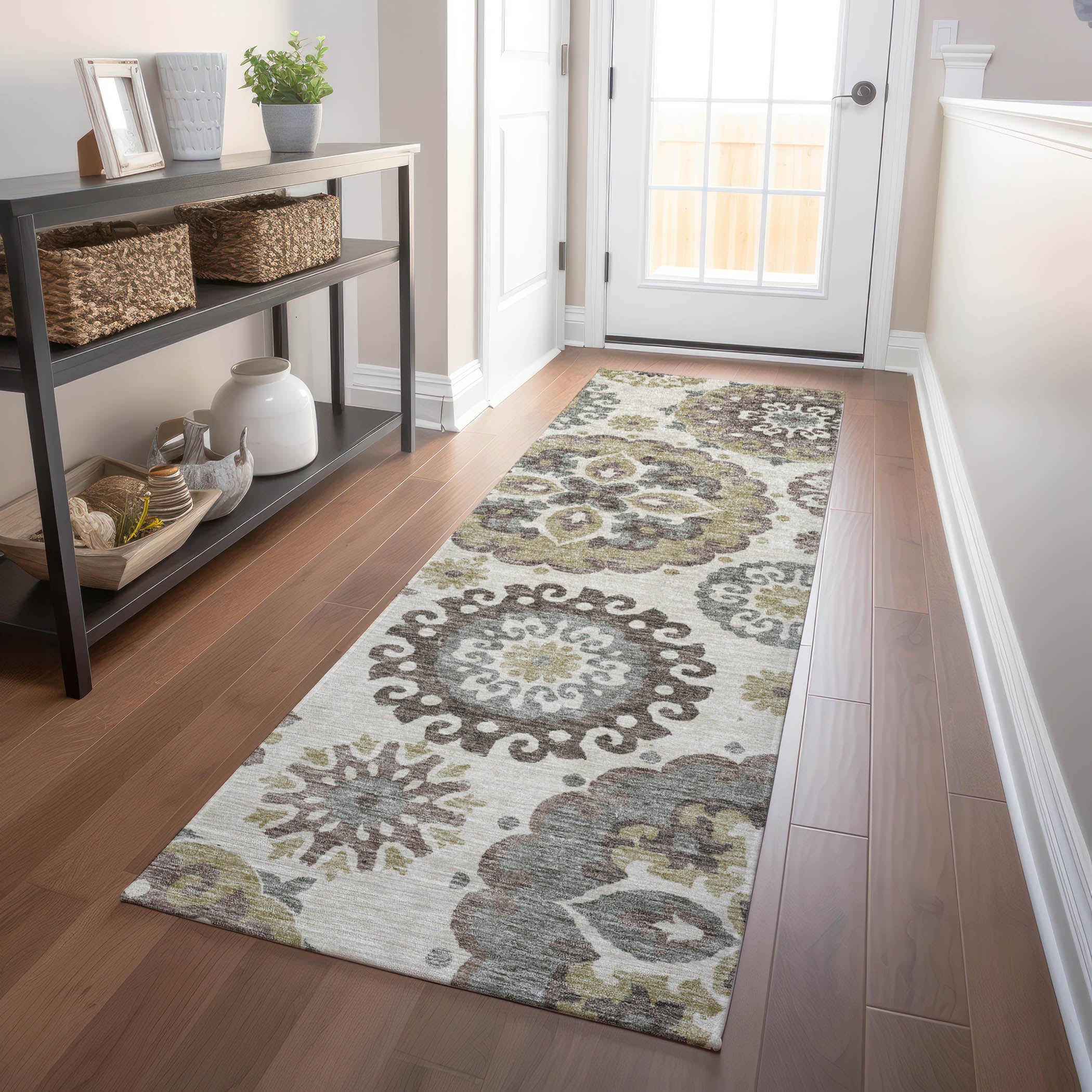 Mdina Machine Washable Transitional Beige Brown Rug 2'3" x 7'6" #shape_Runner