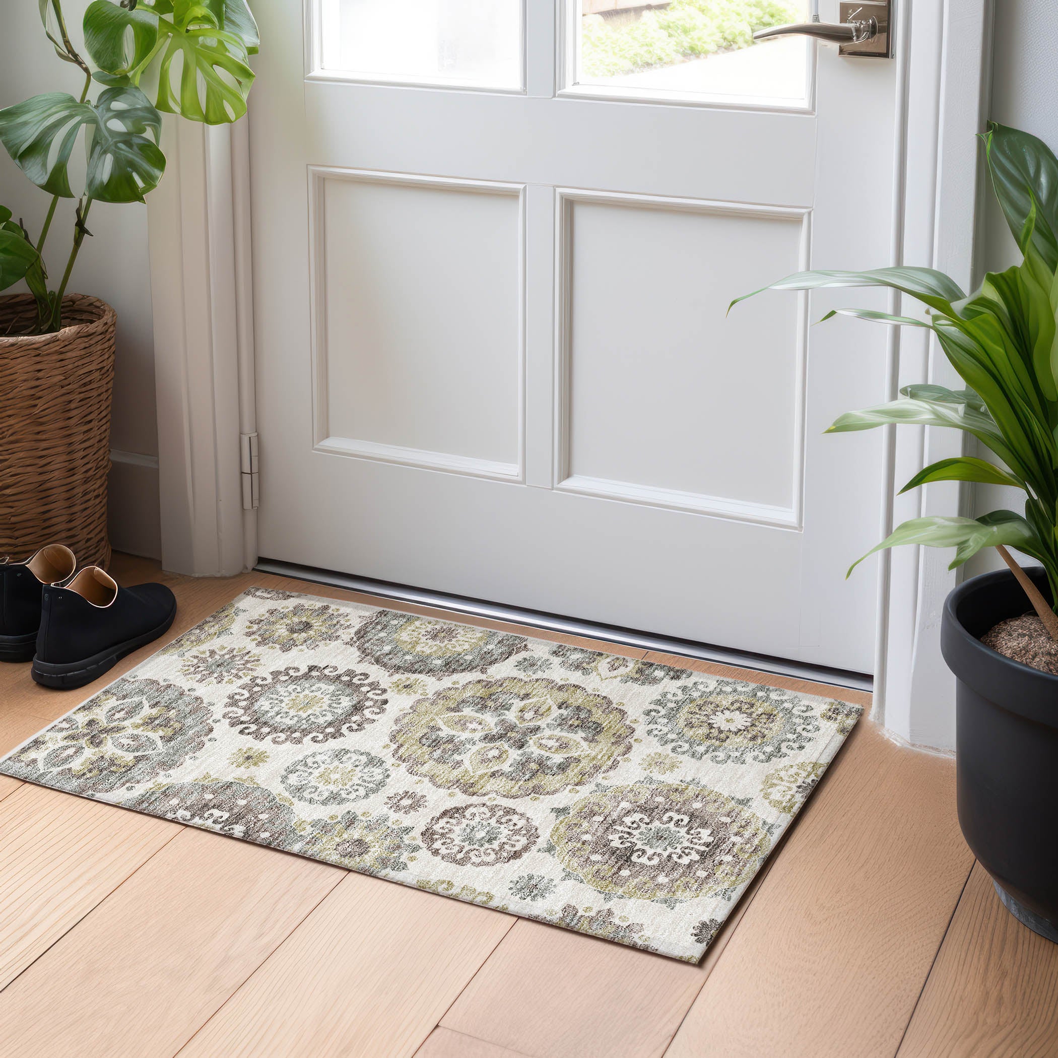Mdina Machine Washable Transitional Beige Brown Rug 1'8" x 2'6" #shape_Rectangle