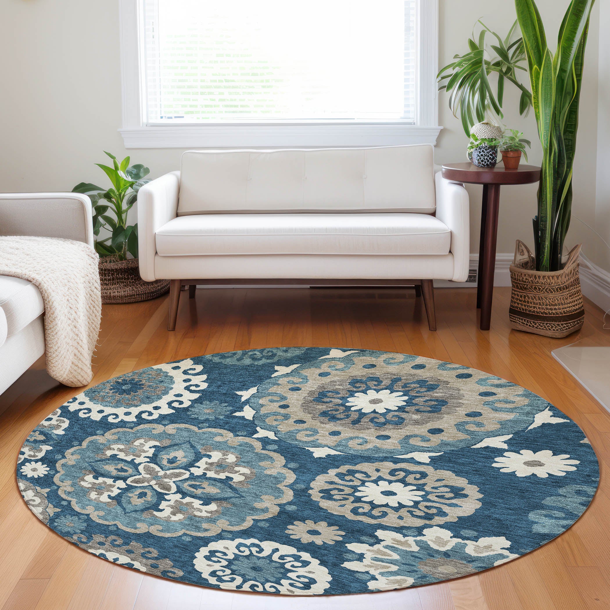 Mdina Machine Washable Transitional Blue Rug 8' x 8' #shape_Round
