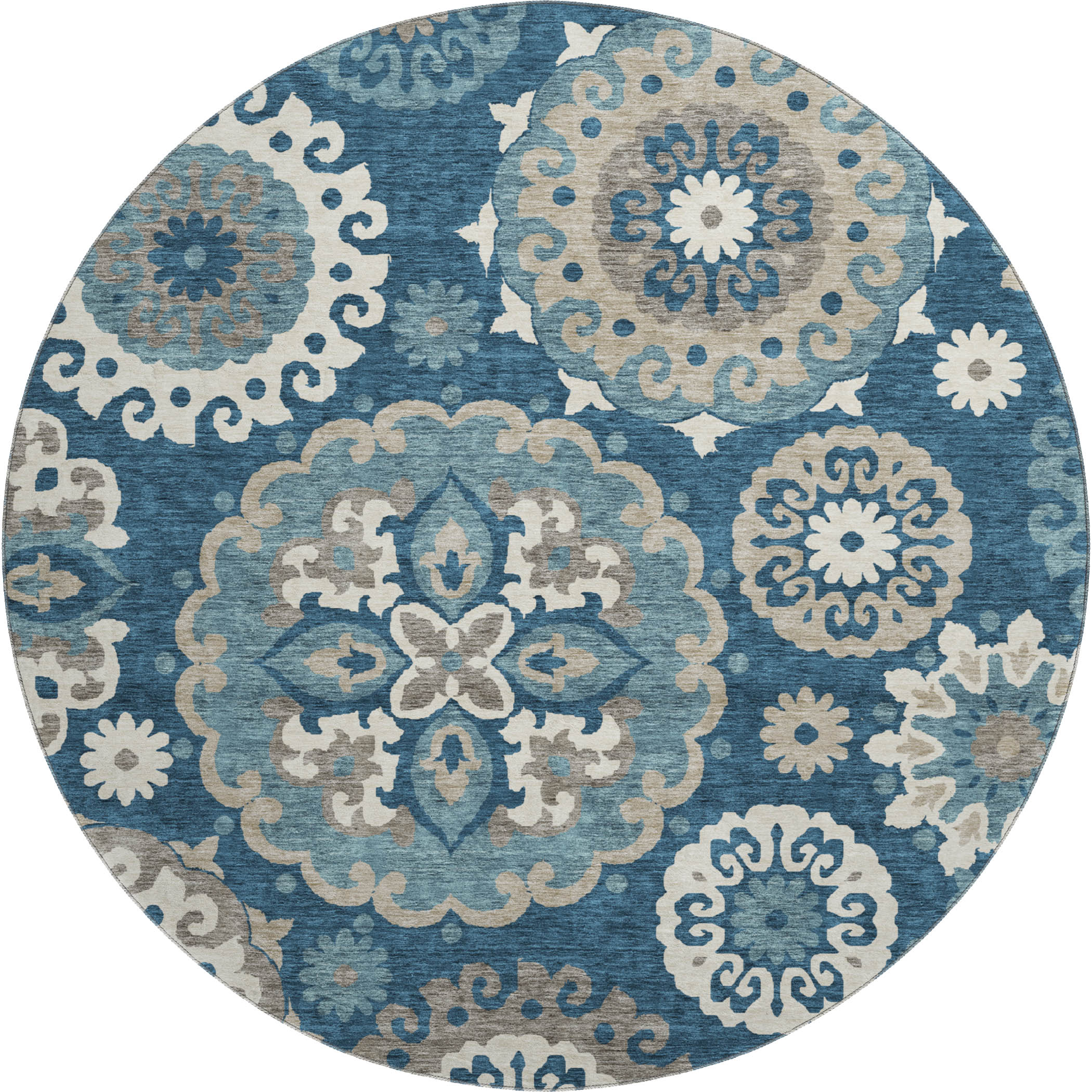 Mdina Machine Washable Transitional Blue Rug 8' x 8' #shape_Round