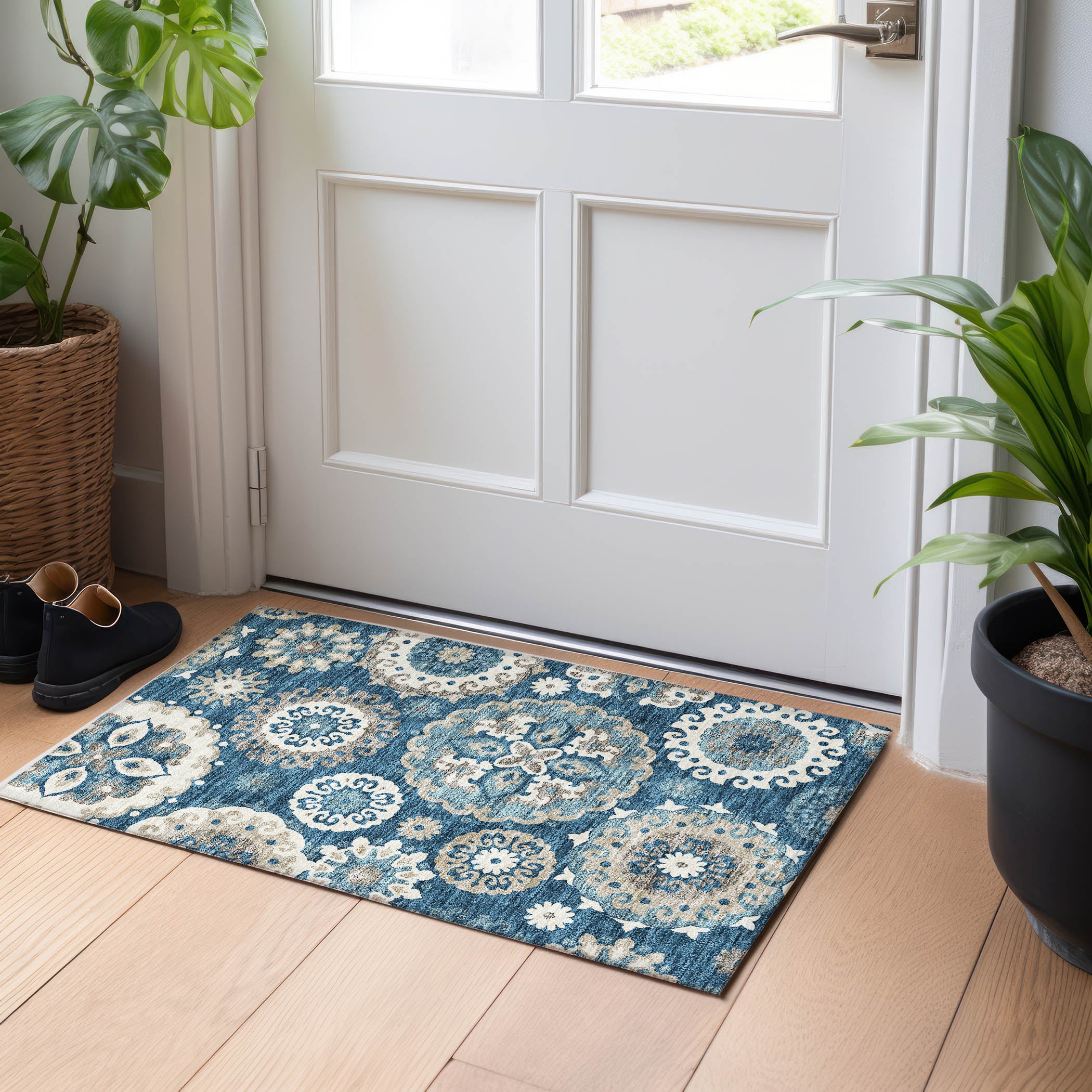Mdina Machine Washable Transitional Blue Rug 1'8" x 2'6" #shape_Rectangle