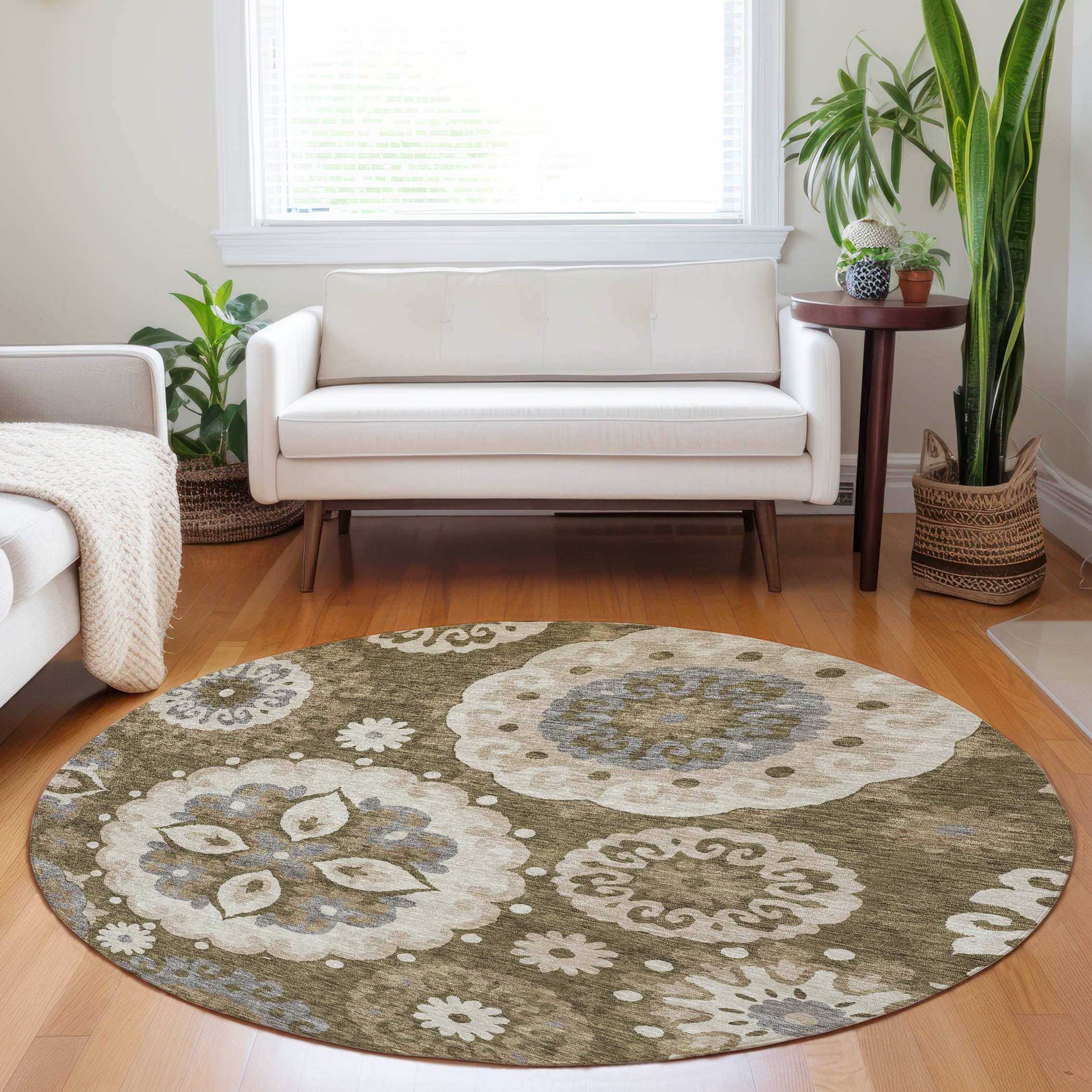 Mdina Machine Washable Transitional Brown Rug 8' x 8' #shape_Round
