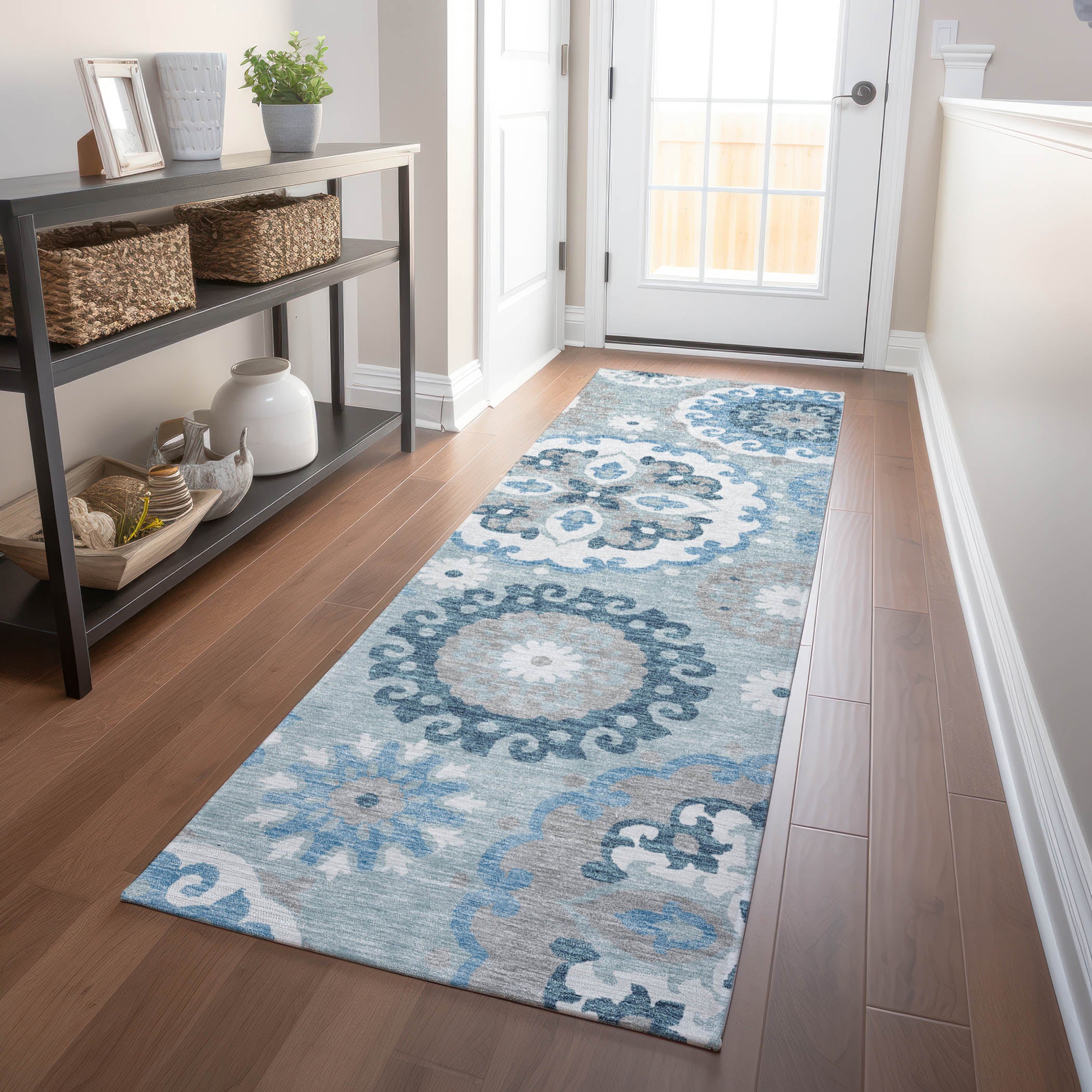 Mdina Machine Washable Transitional Sky Blue Rug 2'3" x 7'6" #shape_Runner