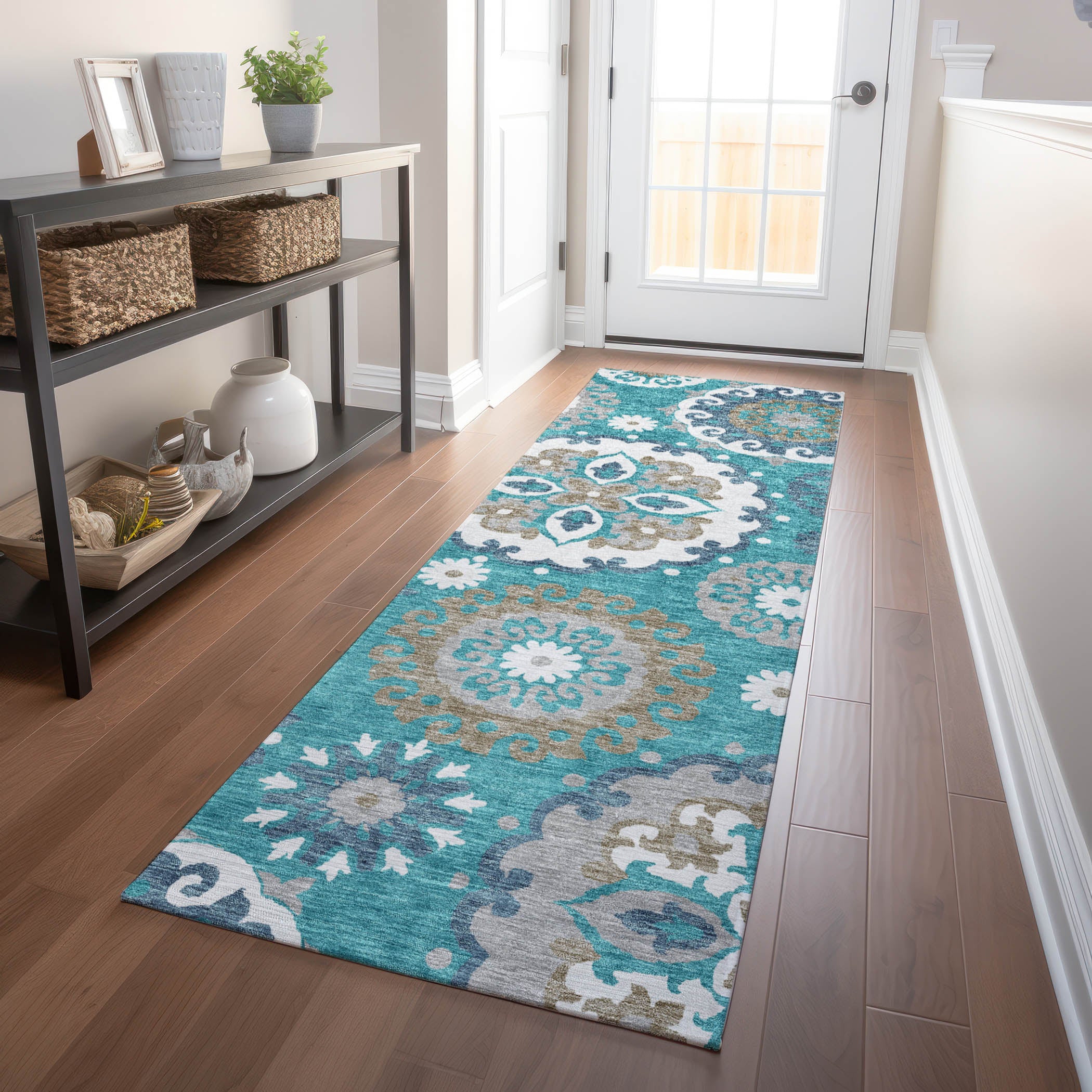 Mdina Machine Washable Transitional Teal Rug 2'3" x 7'6" #shape_Runner
