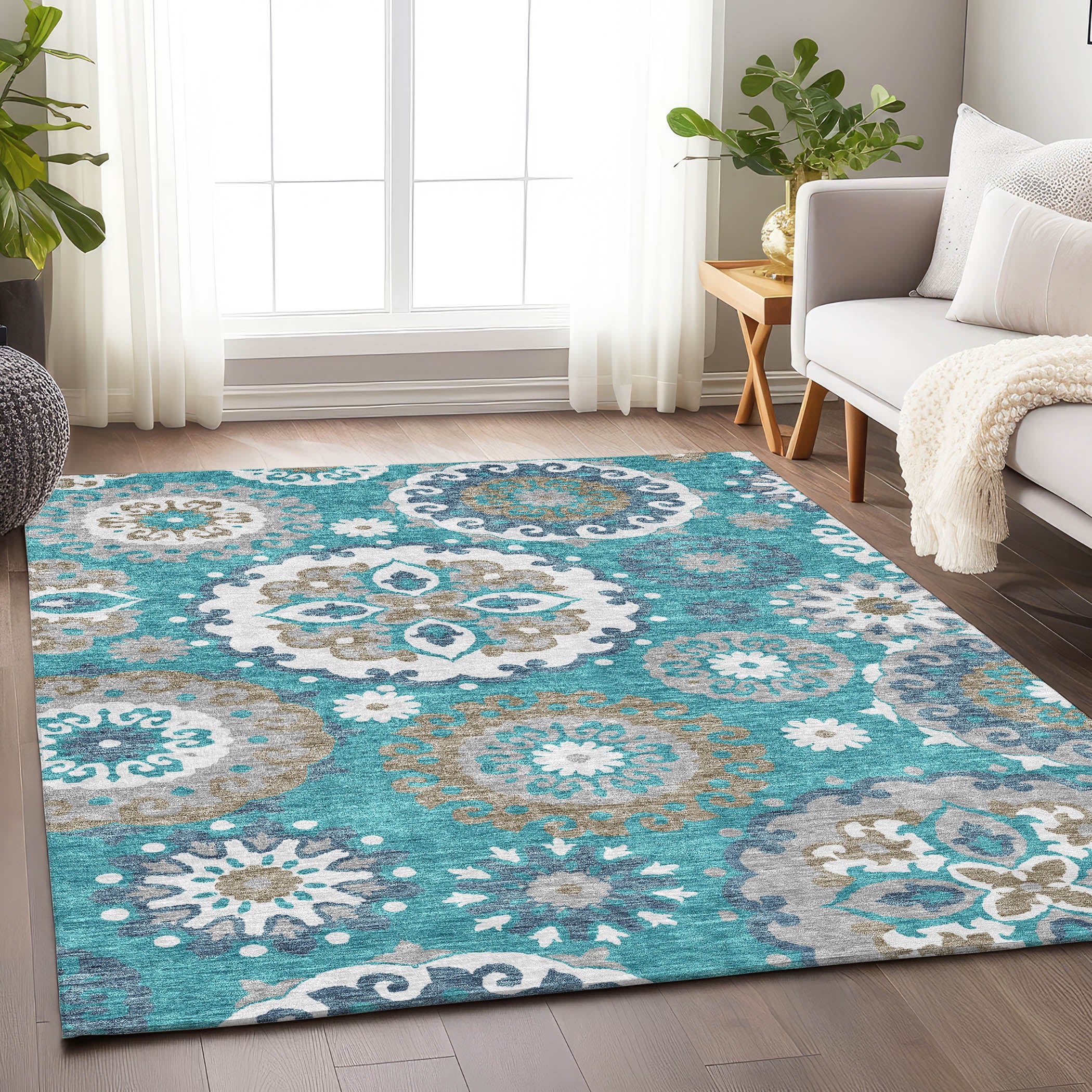 Mdina Machine Washable Transitional Teal Rug 2'6" x 3'10" #shape_Rectangle