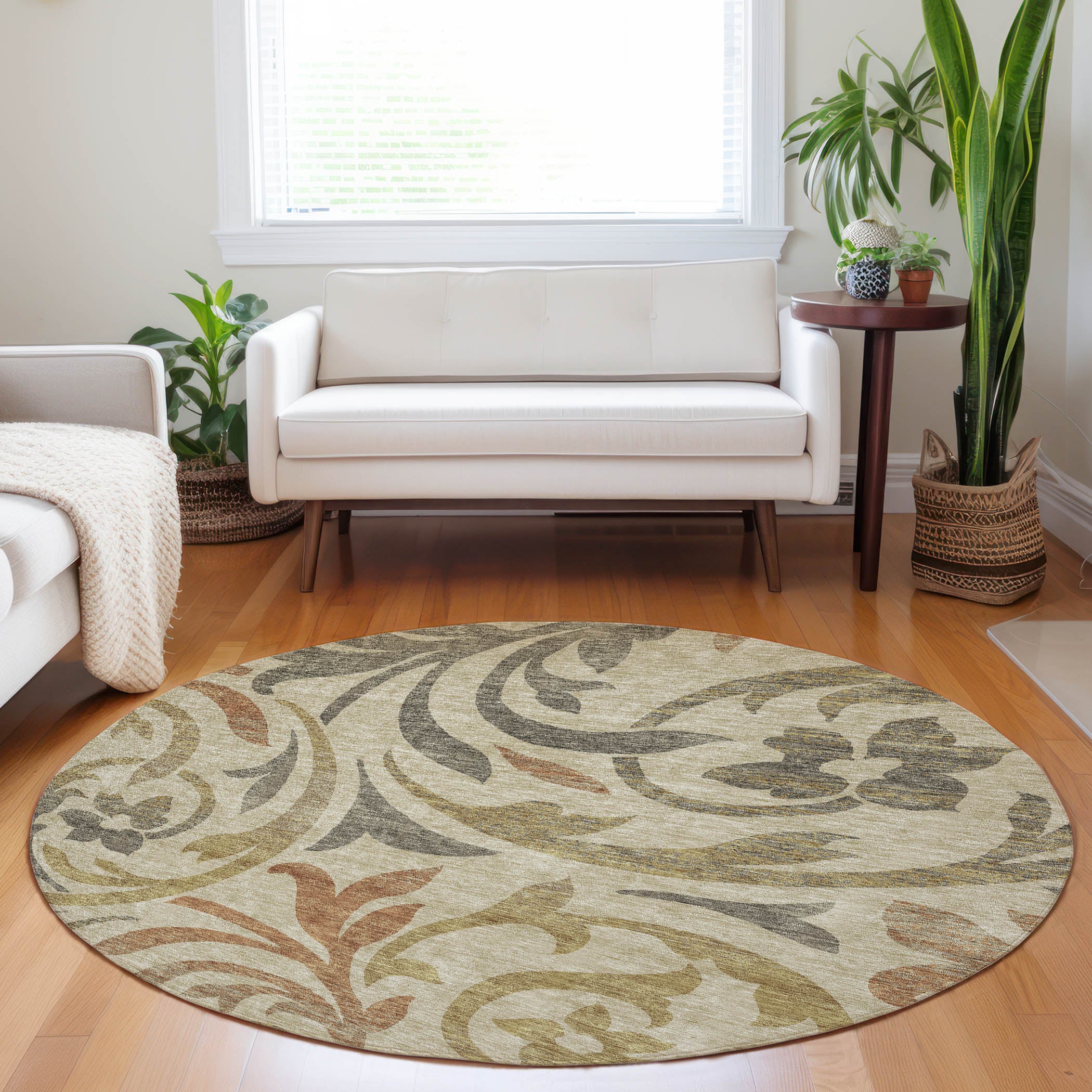 Salzburg Machine Washable Transitional Beige Brown Rug 8' x 8' #shape_Round
