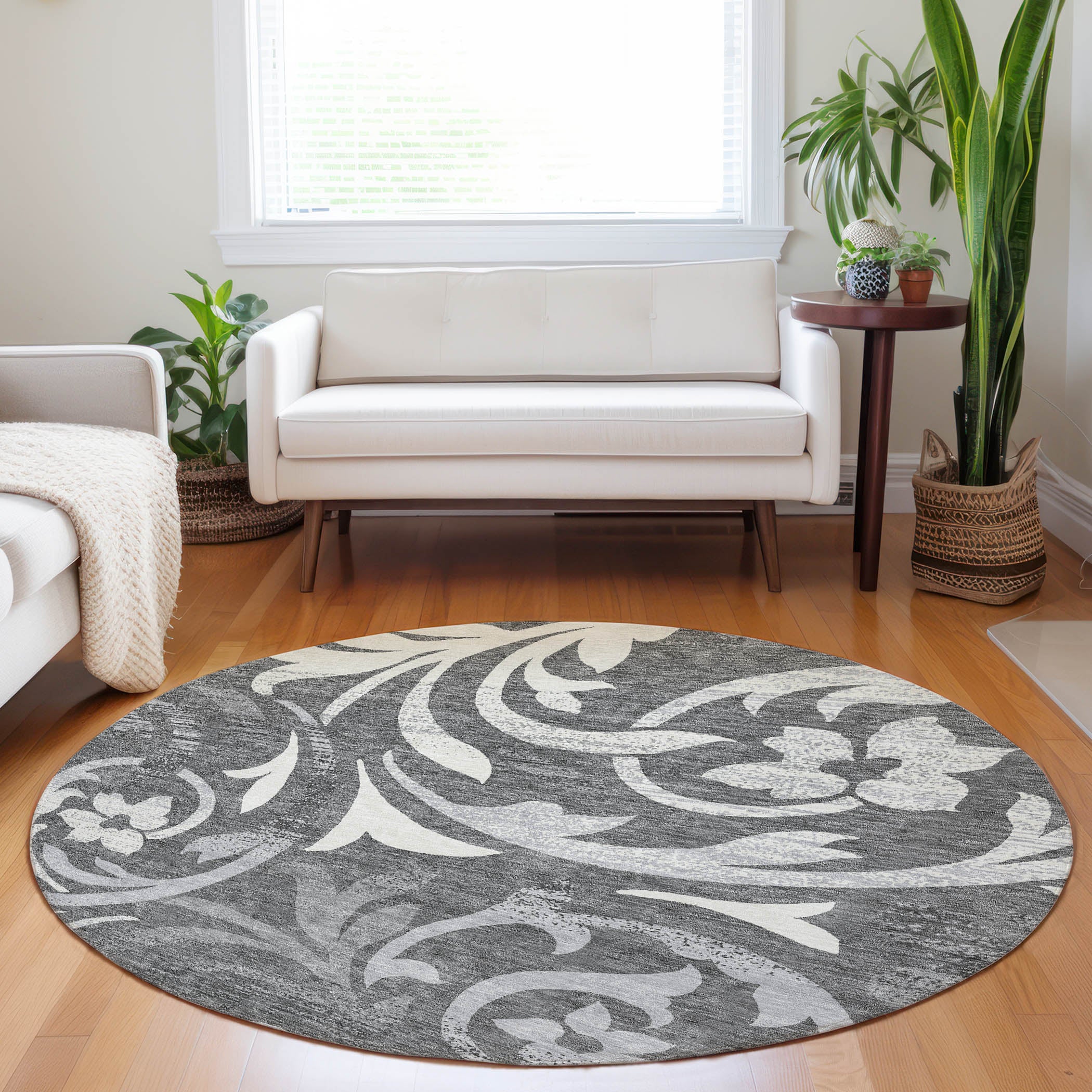 Salzburg Machine Washable Transitional Charcoal Gray Rug 8' x 8' #shape_Round