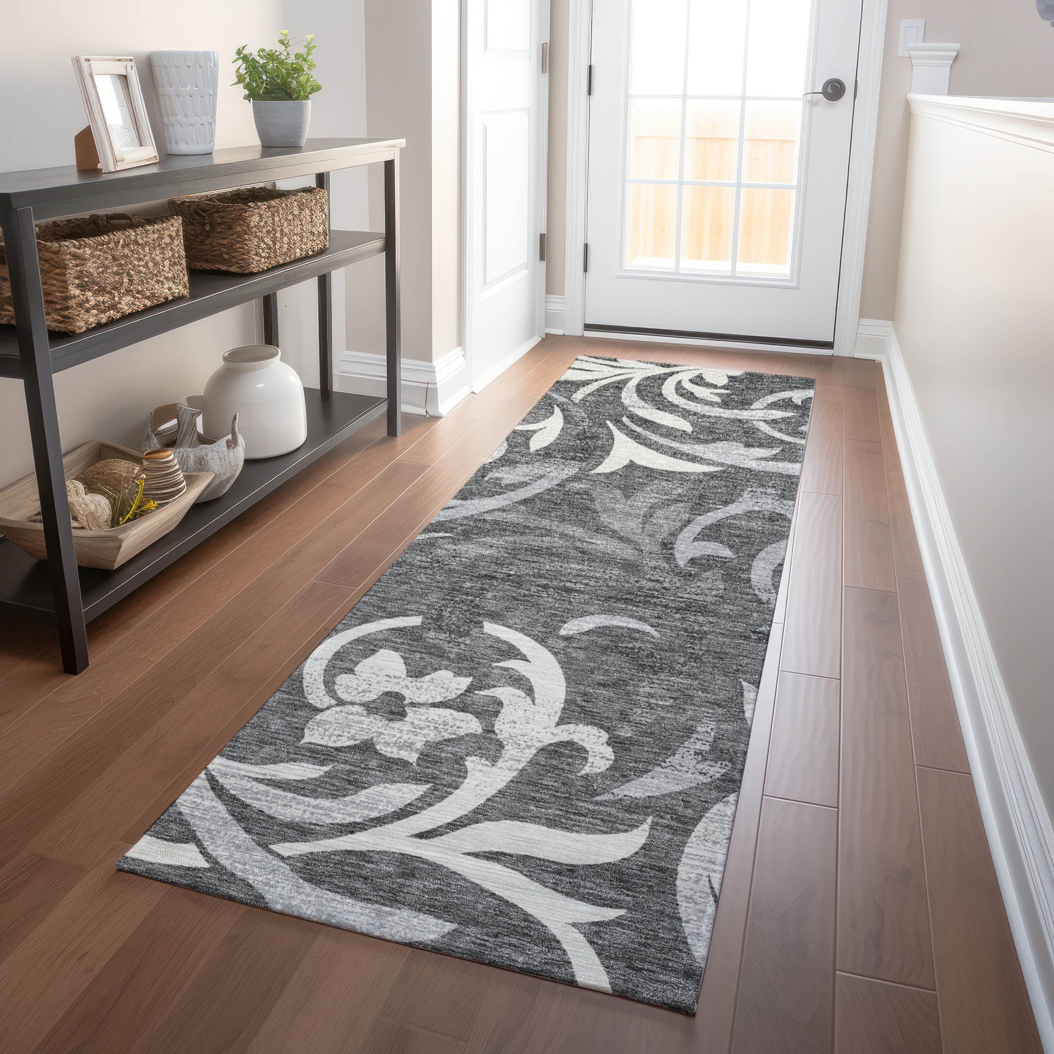 Salzburg Machine Washable Transitional Charcoal Gray Rug 2'3" x 7'6" #shape_Runner