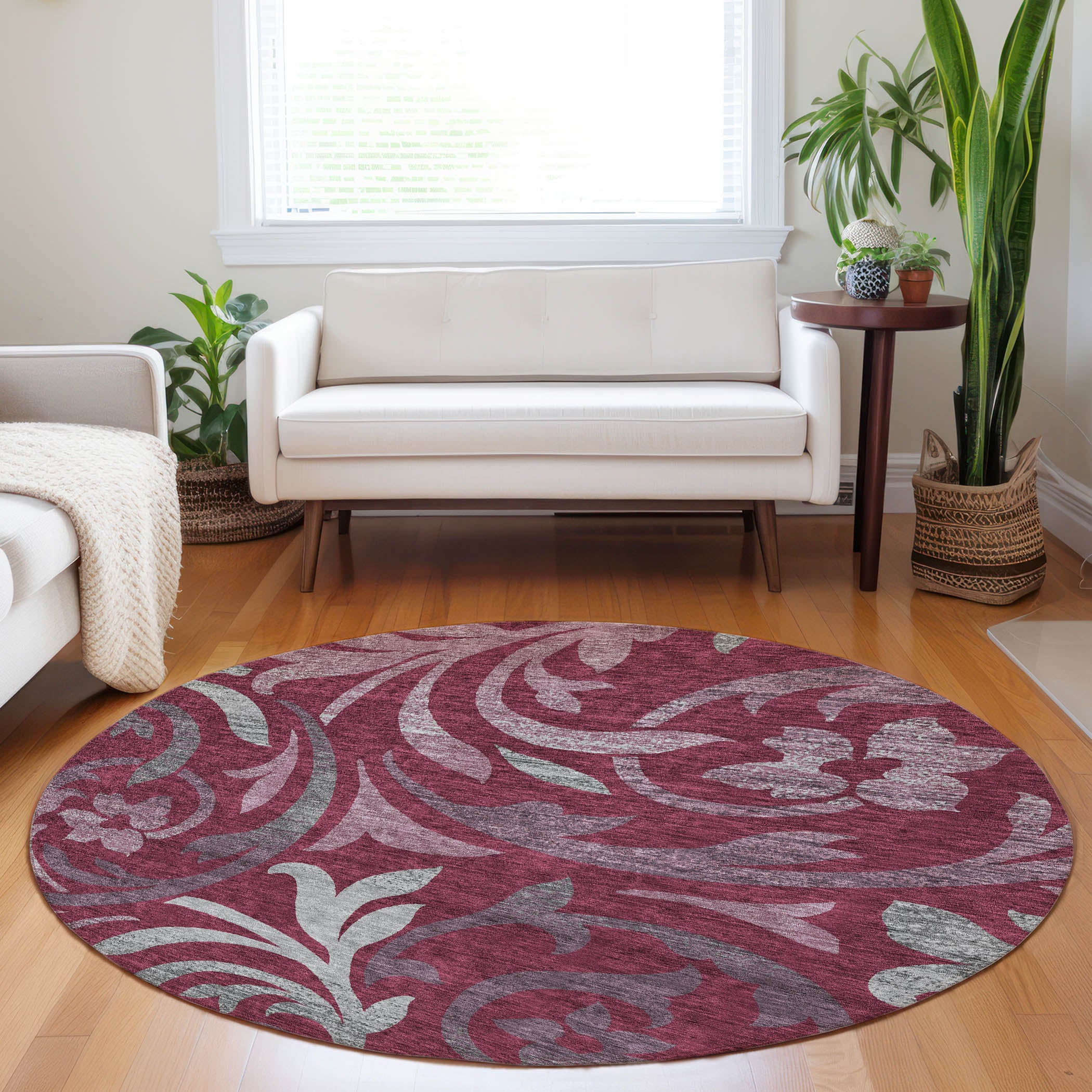 Salzburg Machine Washable Transitional Garnet Red Rug 8' x 8' #shape_Round