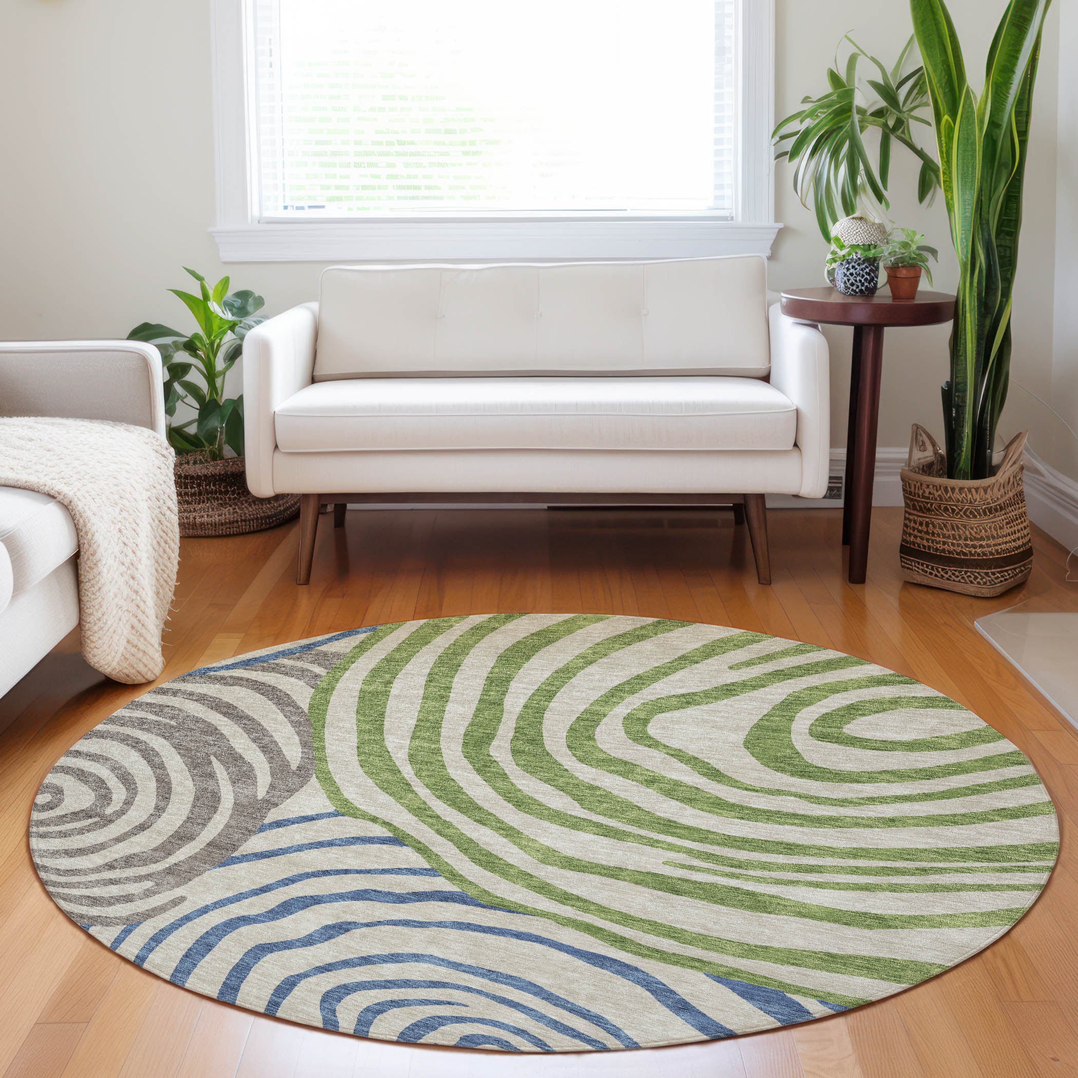 Chiang Mai Machine Washable Transitional Beige Brown Rug 8' x 8' #shape_Round