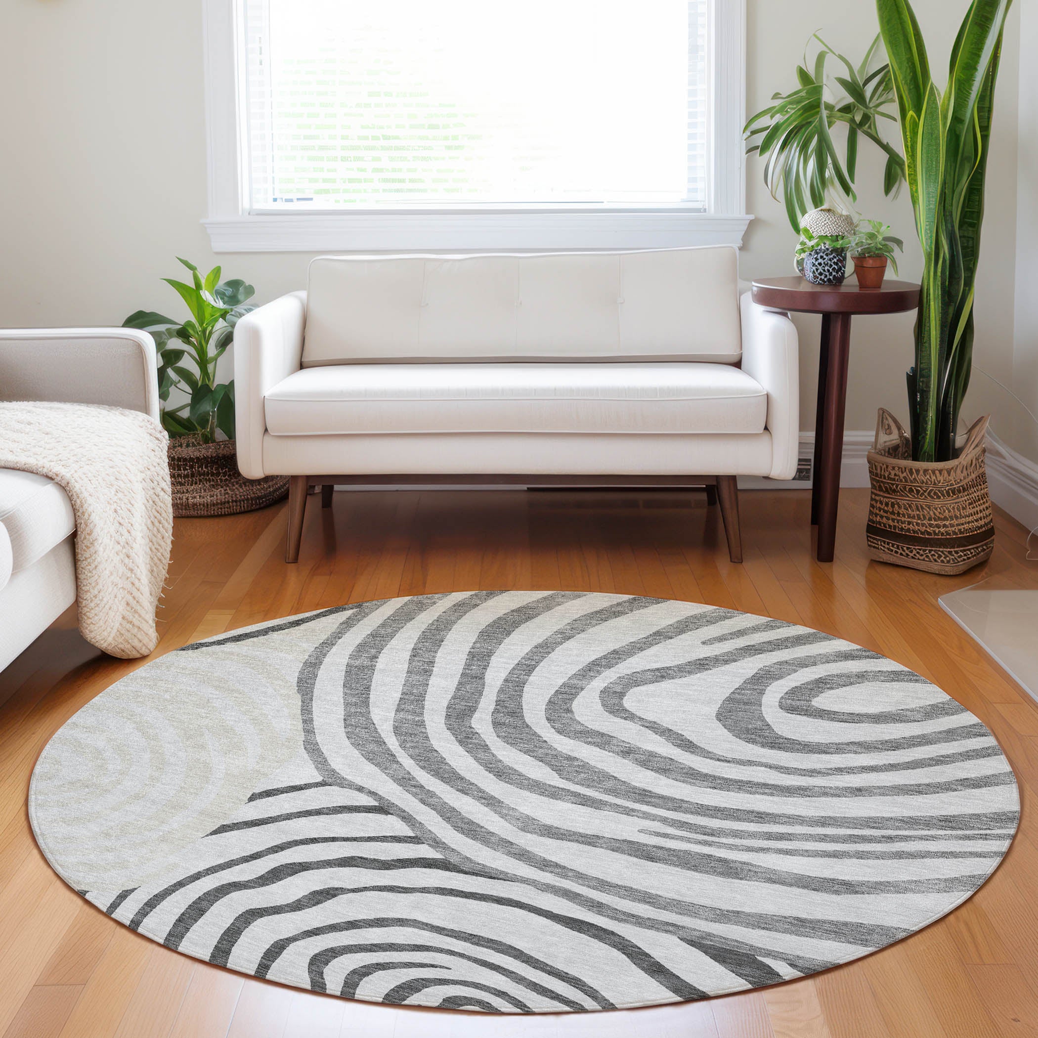 Chiang Mai Machine Washable Transitional Gray Rug 8' x 8' #shape_Round