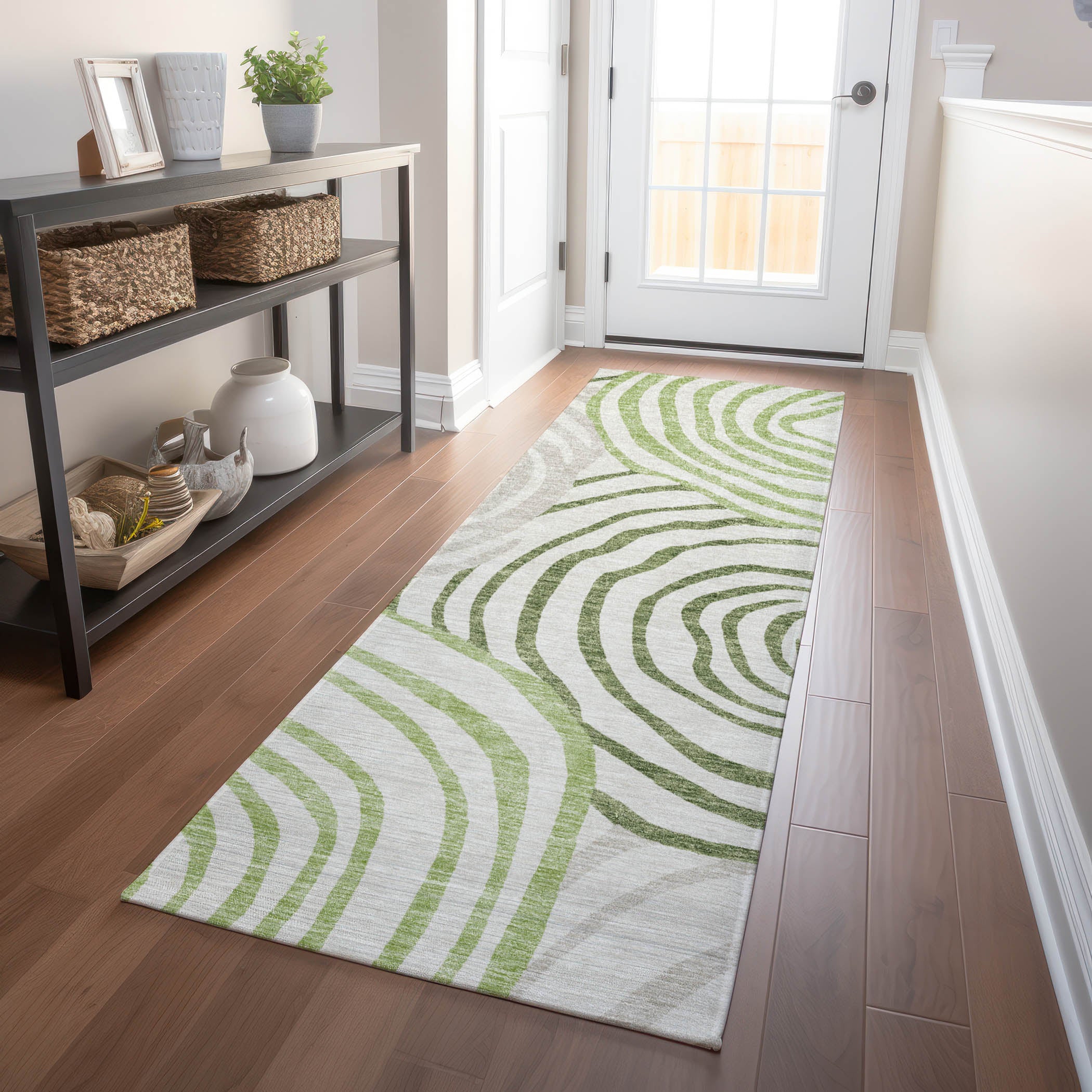 Chiang Mai Machine Washable Transitional Green Rug 2'3" x 7'6" #shape_Runner