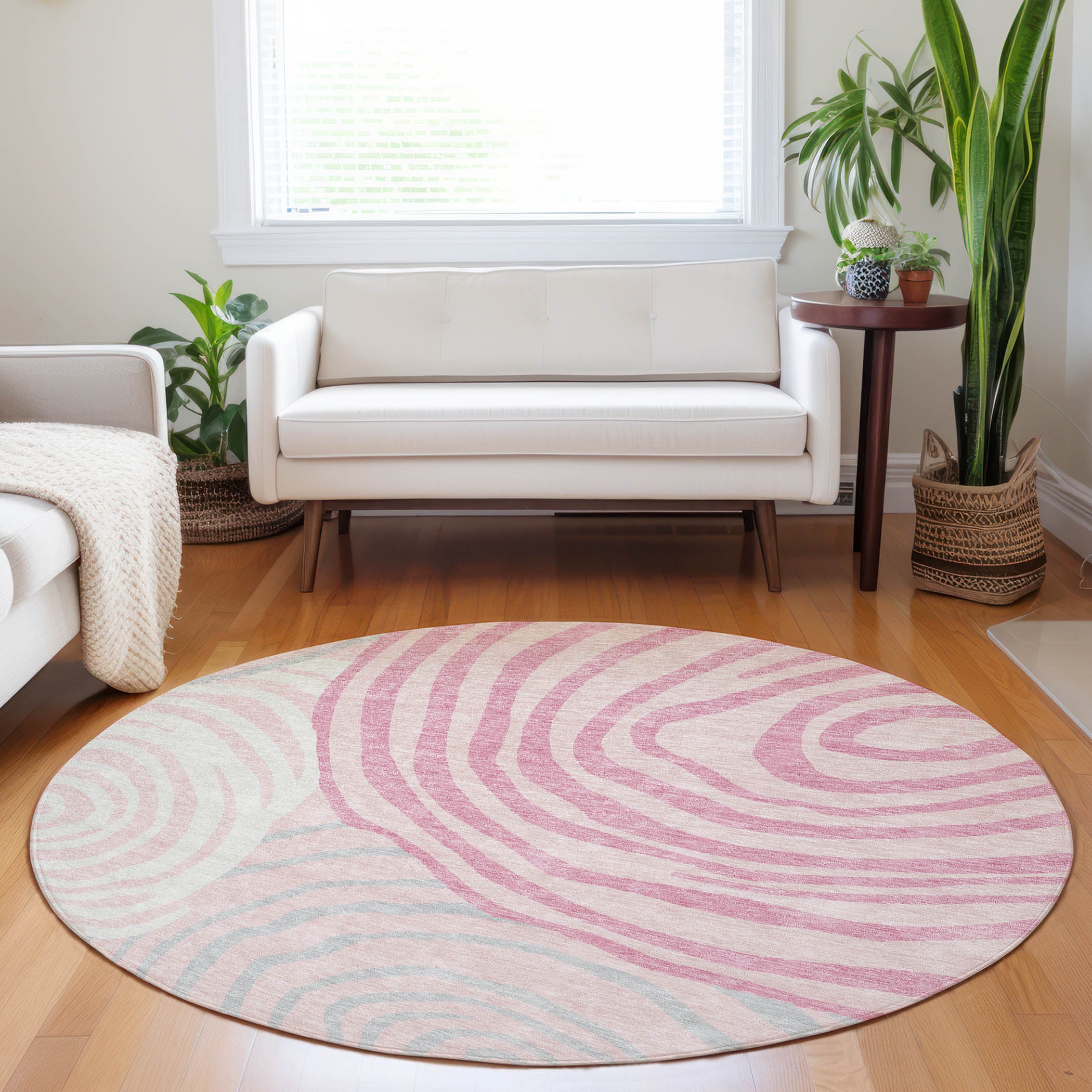 Chiang Mai Machine Washable Transitional Pink Rug 8' x 8' #shape_Round