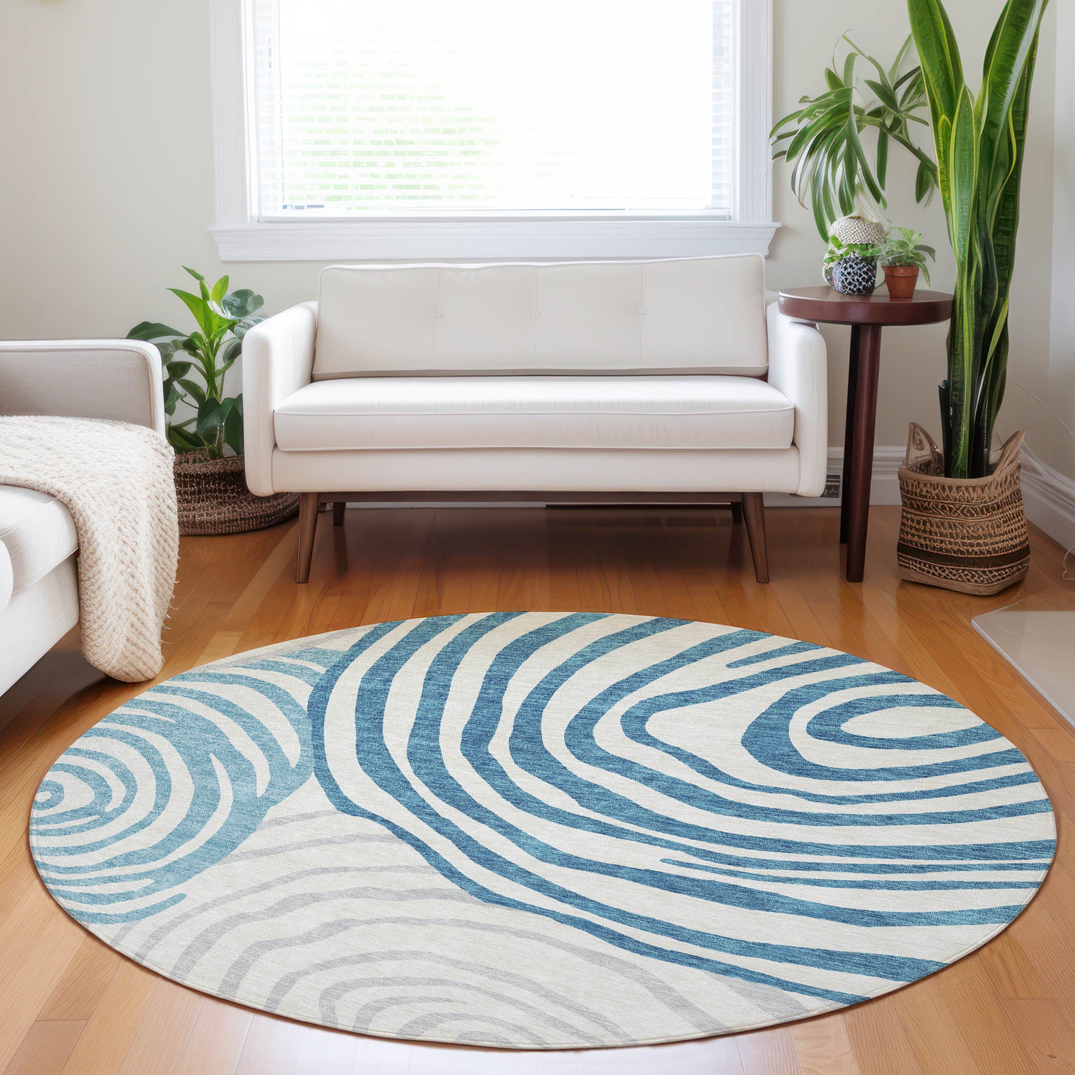 Chiang Mai Machine Washable Transitional Teal Rug 8' x 8' #shape_Round