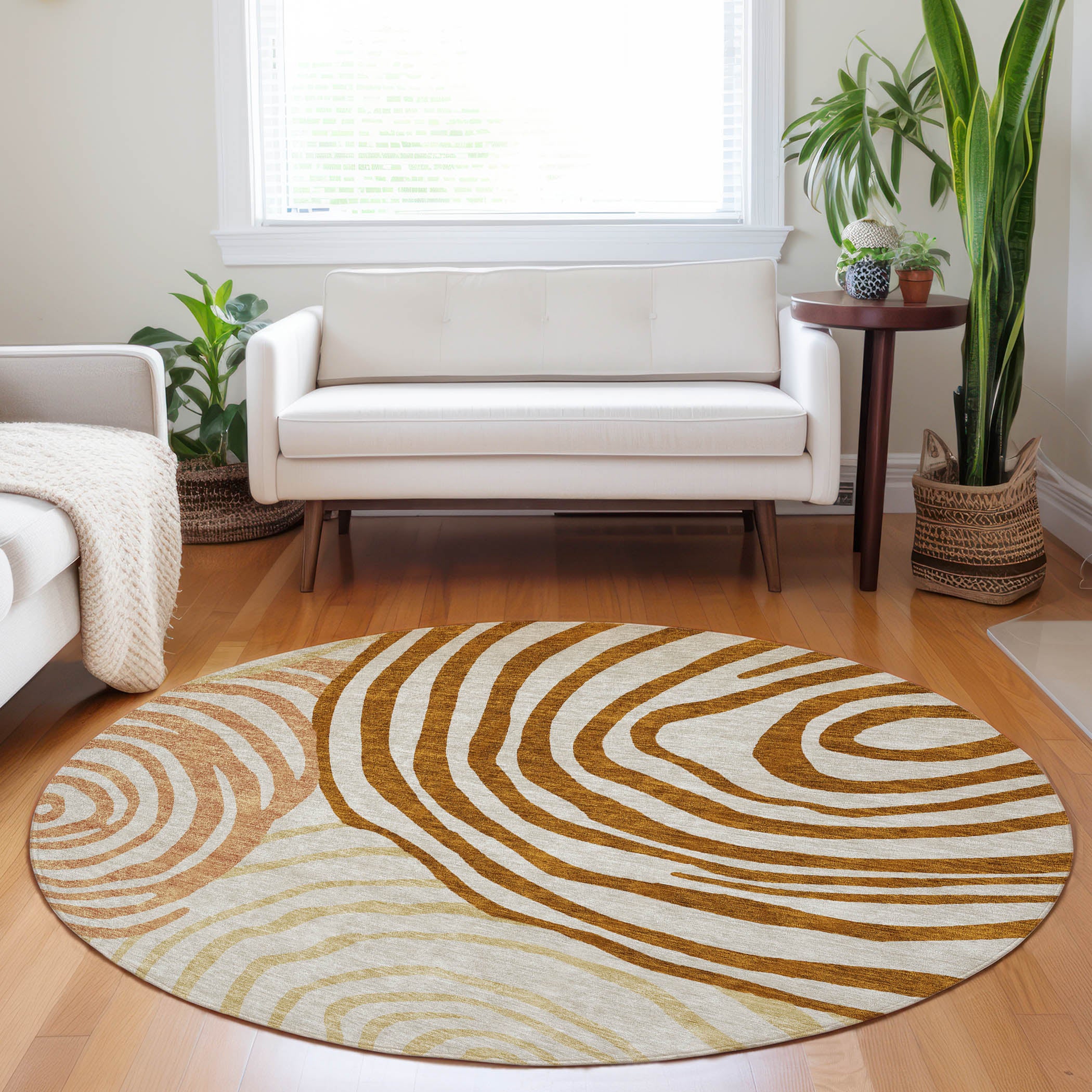 Chiang Mai Machine Washable Transitional Terracotta Orange Rug 8' x 8' #shape_Round