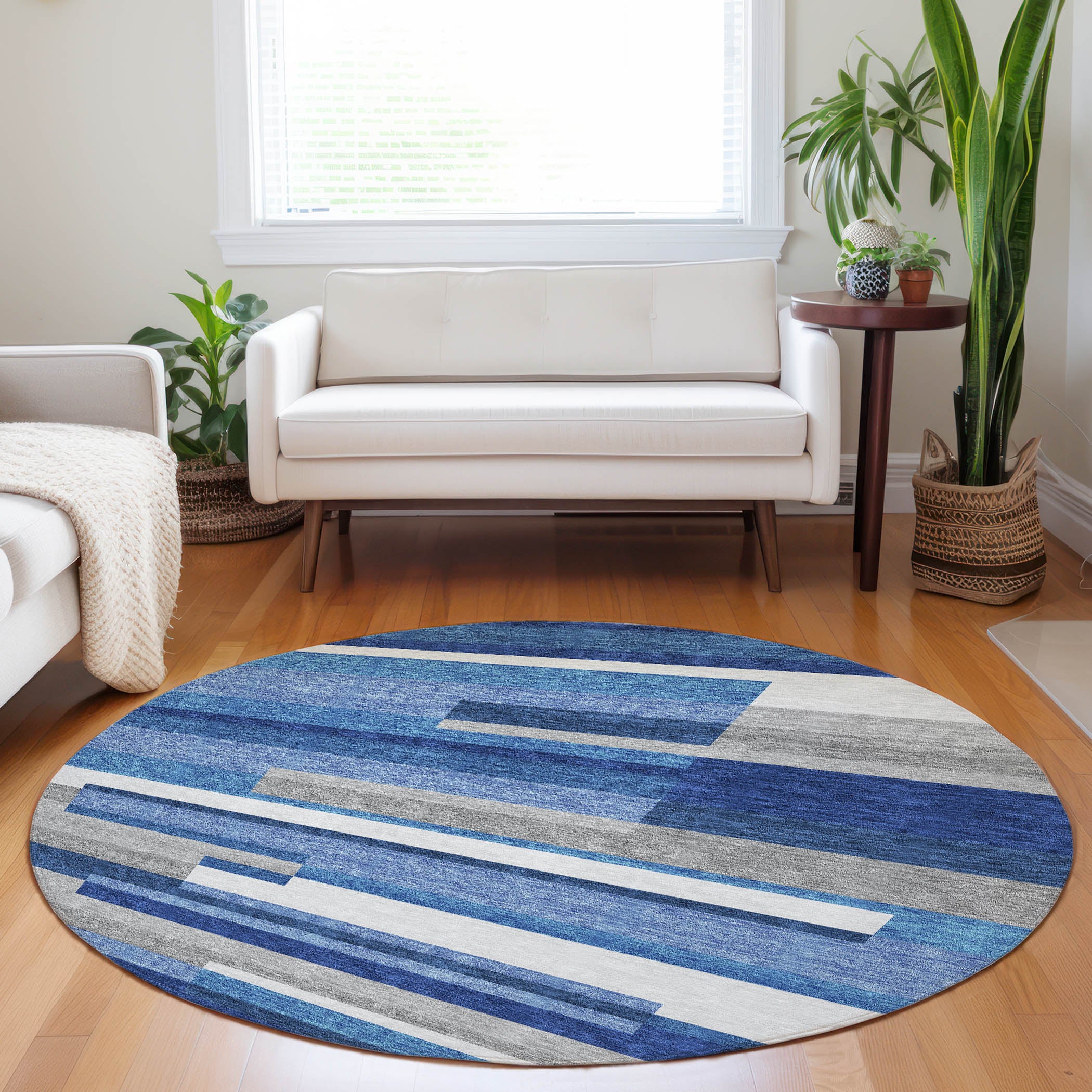 Bruges Machine Washable Transitional Blue Rug 8' x 8' #shape_Round