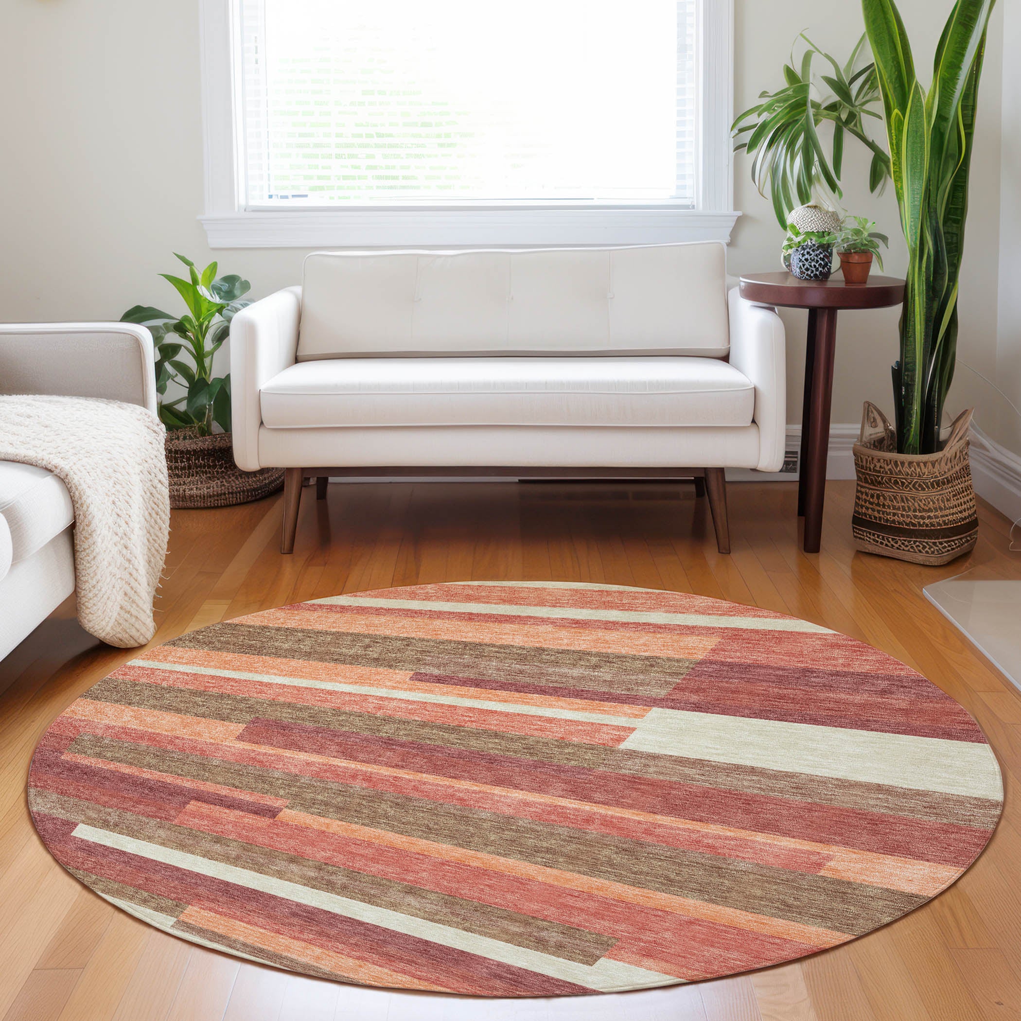 Bruges Machine Washable Transitional Coral Orange Rug 8' x 8' #shape_Round