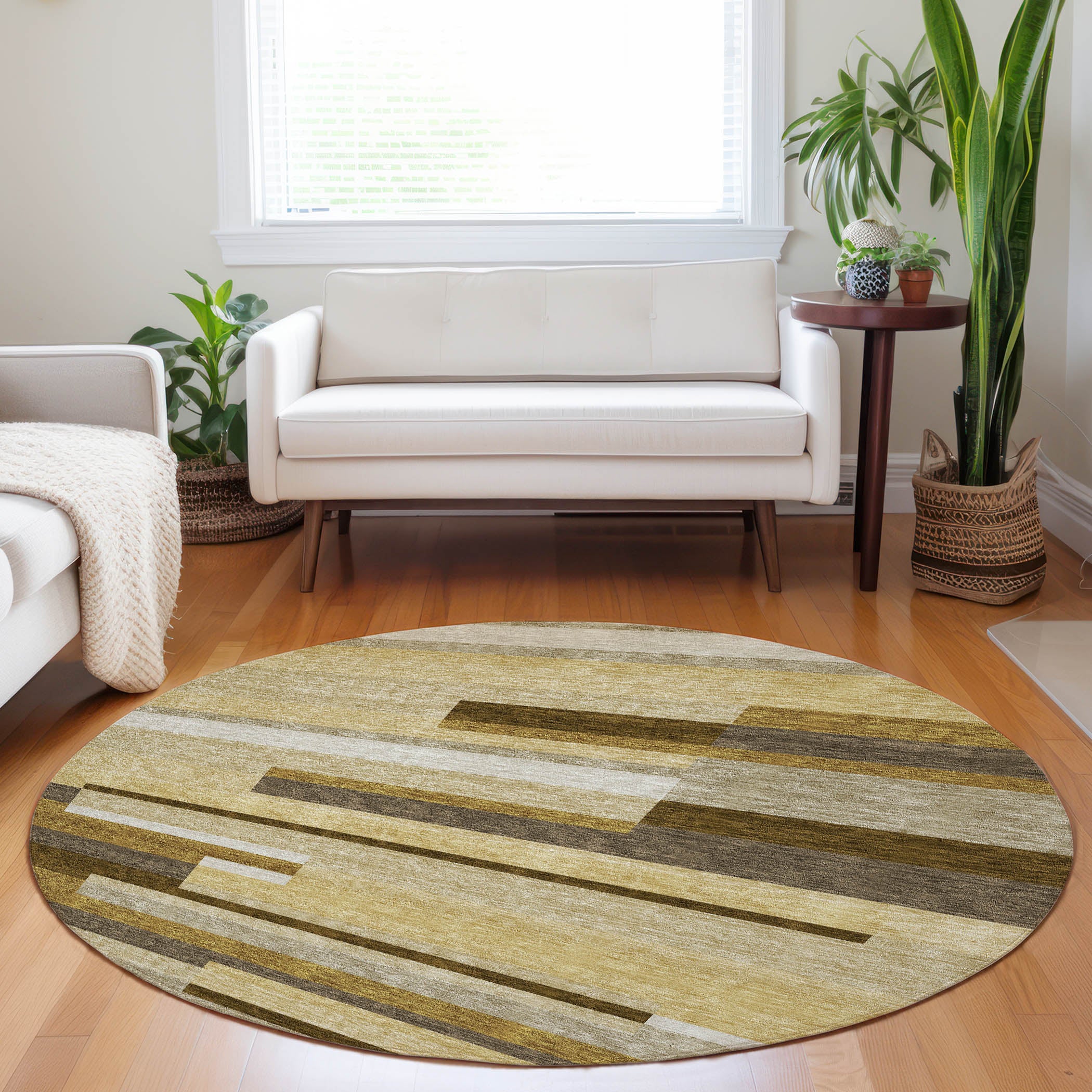 Bruges Machine Washable Transitional Khaki Brown Rug 8' x 8' #shape_Round