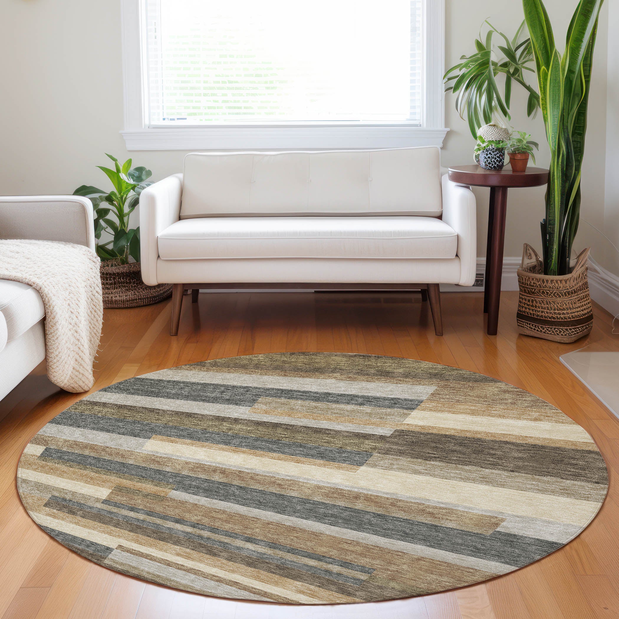 Bruges Machine Washable Transitional Taupe Brown Rug 8' x 8' #shape_Round
